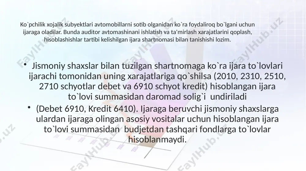 armoyasi bo`yicha o`sib boruvchi foiz stavkasidan foydalaniladi. lizing muddatining boshlanish vaqtida lizingga oluvchi va lizingga beruvchi lizing to`lovlari jadvali (tartibi) ni kelishib oladi, unda lizingga beruvchining daromadi, lizing obyektining qiymatini qoplash bo`yicha majburiyatlar va ularning lizing muddati davomida taqsimlanishi ko`rsatiladi. asosiy vositalarni ta'mirlash xarajatlari auditi asosiy vositalarni ta'mirlashga doir muomalalarni tekshirish mobaynida auditor ta'mirlash rasmiylashtirilishining to`g`rililigiga alohida e'tibor qaratishi lozim. bunda dastavval, mazkur masala bo`yicha subyektda qanday hisob siyosati qabul qilinganligi aniqlanishi zarur. bu narsa tekshiruvni davom ettirish ketma-ketligini belgilaydi. subyektlarda asosiy vositalarni ta'mirlashga doir xarajatlar quyidagicha hisobdan o`chirilishi mumkin: xarajatlarning qilinish me'yoriga qarab bevosita mahsulot (ish, xizmat) lartannarxiga; asosiy vositalarni ta'mirlash uchun yaratilgan fond hisobidan; xarajatlarni oldin 3190 – «boshqa kelgusi davr xarajatlari» schyotiga olib borib,keyinchalik bir me'yorda tannarxga qo`shib borish. auditor, eng avvalo, bu masala bo`yicha ham subyektda qanday hisob siyosati qabul qilinganligini aniqlashi lozim. ayrim subyektlar kelgusi yil uchun hisob siyosatini qabul qilishda ta'mirlash xarajatlarini har oyda …