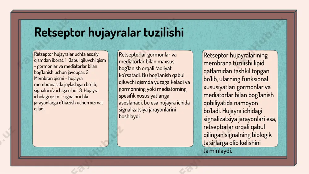 sa hujayralarga signal uzatadi. gormonlar retseptorlarga bog'lanish orqali biologik jarayonlarni boshqaradi, natijada metabolizm va rivojlanish kabi jarayonlar amalga oshiriladi. retseptor va gormonlar o'rtasidagi ta'sir mexanizmlari, masalan, ligand-reseptor bog'lanishi orqali, hujayra ichidagi reaktsiyalarni boshlaydi. gormonlar va mediatorlar o'rtasidagi o'zaro ta'sirlar gormonlar va mediatorlarning o'zaro ta'siri, retsepsiya jarayonida muhim ahamiyatga ega. misol uchun, insulin va glukagonning o'zaro ta'siri metabolizmni boshqarishda muhim rol o'ynaydi. ushbu o'zaro ta'sirlar organizmning ichki muvozanatini saqlashda va metabolik jarayonlarni tartibga solishda muhimdir. retsepsiya jarayonida yuzaga keladigan muammolar, masalan, retseptorlarning sezgirligining pasayishi yoki gormonlar darajasining yuqori bo'lishi, organizmning normal faoliyatiga salbiy ta'sir ko'rsatishi mumkin. retsepsiyaning organizmdagi ahamiyati retsepsiya biologik jarayon bo'lib, hujayralarning tashqi muhitdan kelayotgan signallarni qabul qilish va ularga mos ravishda javob berish imkonini beradi. bu jarayon organizmning ichki muvozanatini saqlashda va turli fiziologik jarayonlarni boshqarishda muhim ahamiyatga ega, chunki u hujayralar o'rtasida samarali muloqotni ta'minlaydi. retsepsiya organizm faoliyatining muhim qismi bo'lib, u hujayralarning o'zaro aloqalarini tartibga soladi …