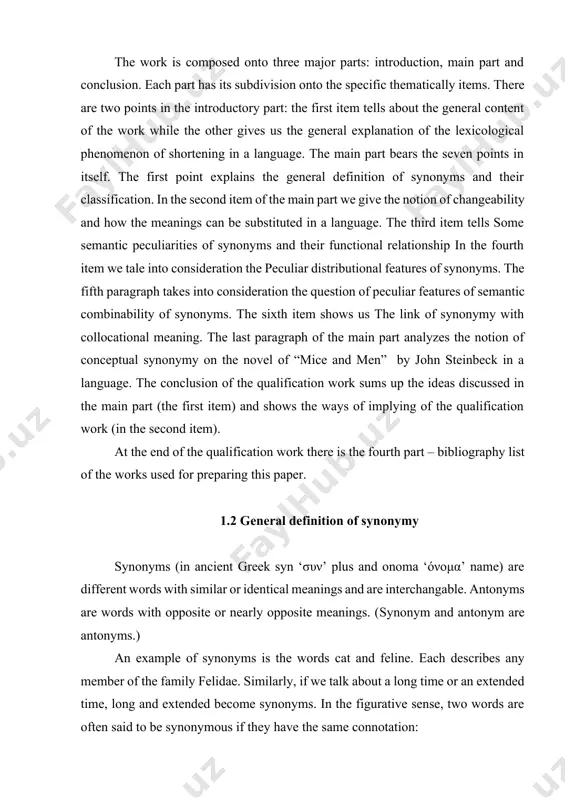 a word is borrowed it undergoes desynonymization, because absolute synonyms are unnecessary for a language. however, there are some absolute synonyms in the language, which have exactly the same meaning and belong to the same style, e.g. to moan, to groan; homeland, motherland etc. in cases of desynonymization one of the absolute synonyms can specialize in its meaning and we get semantic synonyms, e.g. «city» /borrowed/, «town» /native/. the french borrowing «city» is specialized. in other cases native words can be specialized in their meanings, e.g. «stool» /native/, «chair» /french/. sometimes one of the absolute synonyms is specialized in its usage and we get stylistic synonyms, e.g. «to begin»/ native/, «to commence» /borrowing/. here the french word is specialized. in some cases the native word is specialized, e.g. «welkin» /bookish/, «sky» /neutral/. stylistic synonyms can also appear by means of abbreviation. in most cases the abbreviated form belongs to the …