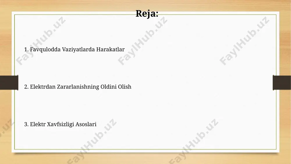 siyalar ko'rsatilgan. elektr qurilmalarini loyihalash, oʻrnatish va ekspluatatsiya qilish boʻyicha 10 dan ortiq davlat standartlari va texnik reglamentlari mavjud boʻlib, ular elektr xavfsizligini taʼminlashga qaratilgan. elektr jihozlaridan foydalanish qoidalari elektr jihozlaridan foydalanishda, 3 dan ortiq qurilmani bitta rozetkaga ulash taqiqlanadi, chunki bu elektr tarmoqlarining haddan tashqari yuklanishiga va yongʻin xavfi hosil boʻlishiga olib kelishi mumkin. elektr jihozlarini 220v dan yuqori kuchlanishli tarmoqqa ulashdan oldin, ularning izolyatsiyasining holatini tekshirib, 1000v dan kam boʻlmagan sinov kuchlanishiga chidamliligini aniqlash kerak. ish joylarida elektr xavfsizligi elektr simlarining izolyatsiyasi shikastlangan bo'lsa, darhol 0,5 metrdan kam masofada yaqinlashmaslik va energiya manbasini o'chirish kerak. bu, 220v dan 380v gacha bo'lgan kuchlanishlarda ham jiddiy jarohatlar olish ehtimolini kamaytiradi. ish joylarida elektr xavfsizligi bo'yicha o'qitish har 12 oyda kamida bir marta takrorlanishi va 5 soatdan kam bo'lmasligi kerak. o'qitish nazariy bilimlar va amaliy mashg'ulotlarni o'z ichiga olishi zarur. xavfsizlik choralari elektr toki urishi xavfini kamaytirish uchun, 220v dan yuqori …