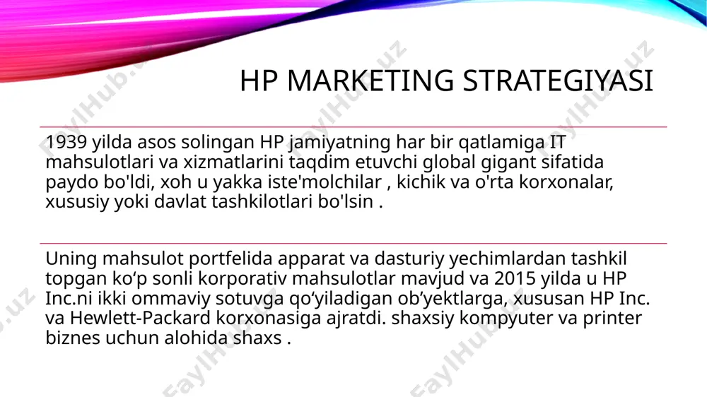 rporatsiyalar hp bilan turli mahsulot/xizmatlar segmentlarida raqobatlashadi. hp marketing strategiyasida bozor tahlili - bozor bir-birining bozor ulushini yeb ketayotgan va qisqa umr ko'rish davriga ega bo'lgan mahsulot va xizmatlarga ega bo'lgan kompaniyalarning bozorda barqaror turishini qiyinlashtiradigan mnc kabi kichik va katta kompaniyalar bilan to'lib-toshgan. hp biznesining har bir segmenti uchun bozor juda katta va ba'zida hp turli biznes segmentlarida o'zining oem hamkorlari bilan raqobatlashishiga to'g'ri keladi. hp marketing strategiyasida mijozlar tahlili - hp alohida mijozlar va korxonalar ehtiyojlarini qondirishga qaratilgan mahsulot portfeliga ega. u kichik va o'rta korxonalardan tortib xususiy kompaniyalargacha, davlat muassasalarigacha bo'lgan korxonalarni qamrab oladi. foydalanilgan adabiyotlar "history and facts: the beginning". www.hpmemoryproject.org. retrieved january 20, 2023. "our history". hewlett-packard enterprise. archived from the original on june 27, 2021. retrieved june 27, 2021. kobie, nicole (january 14, 2013). "hp regains pc lead over lenovo". pc pro. archived from the original on april 10, 2013. retrieved april 27, 2013. …