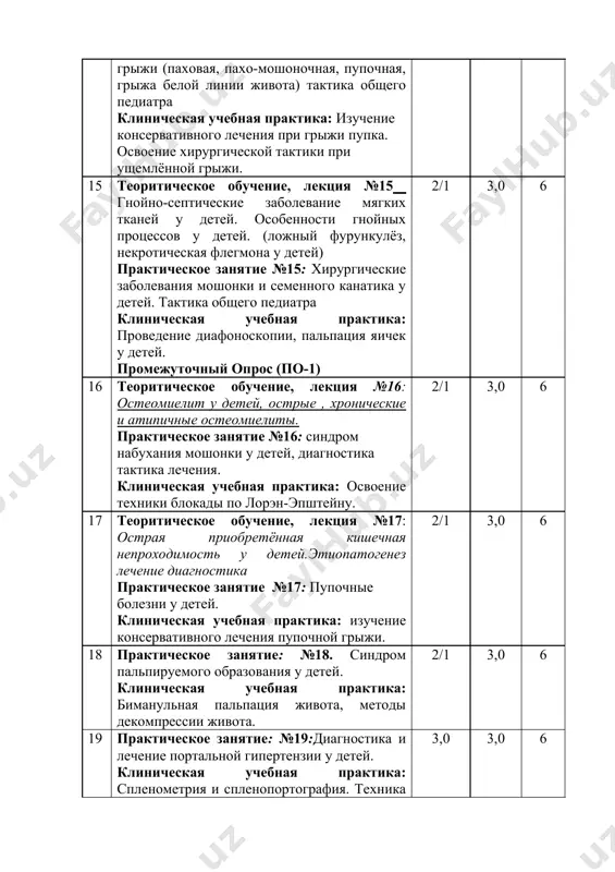 ицит у детей. диагностика и лечение. тактика педиатра. клиническая учебная практика: освоить тактику диагностики при синдроме острого живота. освоение тактики симптомов при остром аппендиците. 3,0 3,0s 6 23 практическое занятие: №23. осложнения язвы желудка и двенадцатиперстной кишки. даигностика и лечение. тактика педиатра. клиническая учебная практика: принятия участие при рентгено диагностики брюшной полости. интерпретация результатов. 3,0 3,0 6 24 практическое занятие №24.типы осложнений эхинококкозовой болезни у детей. диагностика и диф диагностика. тактика педиатра. клиническая учебная практика: изучить послеоперационную реабилитацию и химиотерапию. 3,0 3,0 6 25 практическое занятие №25. болезни прямой кишки у детей.(гемморой, полип прямой кишки, трещины итд) клиническая учебная практика:: обучится техники зеркольного обследования прямой кишки и колоноскопии. 3,0 3,0 6 26 практическое занятие: №26: острый и хронический остеомиелит у детей. диагностика и диф диагностика. тактика педиатра. клиническая учебная практика: изучение измерения внутрикостного давления, интерпретация результатов рентгено исследования при остеомиелите. 3,0 3,0 6 27 практическое занятие: №27 гнойно-восполительные заболевания мягких …