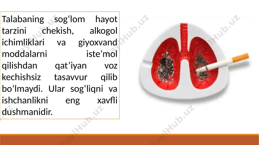 nda, o‘zida noxush xolatlarni xis etadi, ya’ni bosh aylanishi, bosh og‘rig‘i, ko‘ngil aynishi va umumiy xolsizlik bu xolatlar sekin-asta yo‘qola boradi va inson surunkali chekuvchiga aylanadi. bundan tashqari, tamaki chekish xar xil organlarga salbiy ta’sir ko‘rsatadi. bunda asosan yurak-qon tizimi va nafas a’zolari zararlanadi. miokard infarkti kasalligi tamaki iste’mol qilmaydiganlarga nisbatan chekuvchilar orasida ikki marotaba ko‘proq uchraydi. tamaki chekuvchi insonlar boshqalarga nisbatan 8-15 marta o‘pka emfizemasi bilan, 3-5 marta aorta - qon tomirini kengayishi bilan kasallanadilar. xar bir yettinchi chekuvchida obliteratsiyali endoartrit rivojlanadi. . bu esa o‘z navbatida oyoqlar gangrenasiga olib keladi. 45 yoshdan oshgan erkaklarda uchraydigan kasalliklarning 30%i chekishga moyilligi bilan bog‘liq. 40-49 yoshdagi chekuvchilarda chekmaydiganlarga nisbatan o‘lim 3 marta yuqori, 60-64 yoshdagilar orasida esa o‘lim 19 marta yuqori jismoniy tarbiya bilan shug‘ullanuvchilar va sportchilar orasida chekuvchilar bo‘lsa, bu ularning organizmiga yanada salbiyroq ta’sir ko‘rsatadi chekish ularning yurak-qon tomir tizimi va nafas a’zolari organlari tizimi ko‘rsatkichlarini susaytiradi. sportchilar orasidagi …