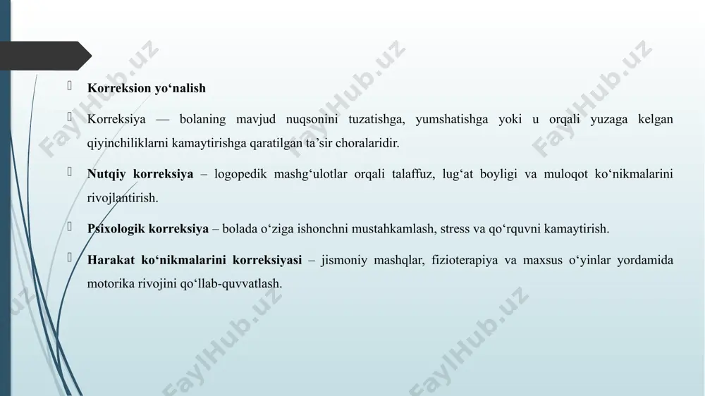 samarali kechadi, ularning bilim olishga bo‘lgan qiziqishi ortadi, jamiyat hayotida faol ishtirok etish imkoniyati kengayadi. shuningdek, bu jarayon o‘qituvchi, ota-ona, defektolog, logoped va psixologlarning hamkorlikda ishlashini talab etadi. foydalanilgan adabiyotlar o‘zbekiston respublikasi prezidentining “nogironligi bo‘lgan shaxslarni qo‘llab-quvvatlash tizimini takomillashtirish chora-tadbirlari to‘g‘risida”gi qarori. – toshkent, 2020. o‘zbekiston respublikasi “ta’lim to‘g‘risida”gi qonuni. – toshkent, 2021. azizxo‘jayeva n. n. pedagogik texnologiya va pedagogik mahorat. – toshkent: tdpu, 2019. g‘ofurova r., xodjayeva m. inklyuziv ta’lim asoslari. – toshkent: “fan va texnologiya”, 2020. tursunova m. maxsus pedagogika va defektologiya asoslari. – toshkent: tdpu, 2018. vygotskiy l. s. defektologiya asoslari. – moskva: pedagogika, 2017. florian l. the sage handbook of special education. – london: sage publications, 2014. ainscow m., booth t. index for inclusion: developing learning and participation in schools. – bristol: csie, 2016. mittler p. working towards inclusive education: social contexts. – london: david fulton publishers, 2015. unesco. inclusive education: guidelines for inclusion. – paris: …
