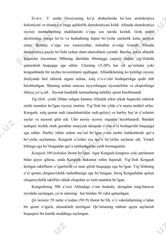 i so’rash mumkin bo’lgan. kengashning 500 a’zosi afinadagi o’nta hududiy okrugdan teng-baravar ravishda saylangan, ya’ni ularning har biridan 50 vakil qatnashgan. qo’mitalar 59 nafar a’zodan (50+9) iborat bo’lib, o’z vakolatlarining o’ndan bir qismi o’tgach, almashinib turishgan. qo’mitaning rahbari qayta saylanish huquqisiz bir kunlik muddatga saylangan. yuqoridagi ko‘rsatib o‘tilgan tartibda hokim m itiy atninr g i t ashki l etilish i, ayniqsa yangi, saylanadigan muassasalar va sudlarnig (ular ozod, erkin aholi partiyalari va tabaqalarining kurashida muhim rol o‘ynagan) yaratilishi sud va siyosiy notiqlik san’atini yaxshi egallagan, so‘z kuchi va isbot bilan ishontira oladigan, huquq, siyosiy hayot va diplomatiya amaliyotining turli masalalarini erkin tushuna ola digan va hal etadigan kishilarni tayyorlashga bo’lgan ehtiyojini keltirib chiqaradi. bu sohada ancha ko’zga ko’ringan kishilar - so’z san’ati ustalari, huquqshunoslar, diplomatlar siyosiy bilim va notiqlik san’ati bo’yicha o’qituvchilik qila boshladilar. bilimlarning falsafiy va xususiy ilmiy sohalarga ajralmagani, ammo falsafiy bilimlarga bo’lgan qiziqishining kuchliligi, bu bilimlarning savodxonlik, …