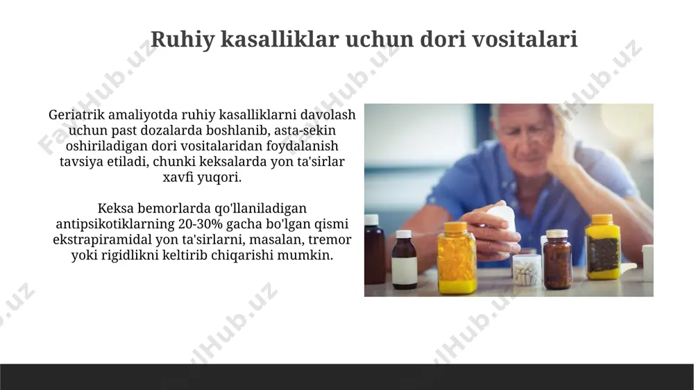 gan bo'lib, ularning samaradorligi klinik tadqiqotlar natijalari bilan tasdiqlangan. qon bosimini pasaytiruvchi dori vositalarining 85% gacha bo'lgan qismi ace inhibitörlari, beta-blokatorlar yoki diuretiklar guruhiga kiradi va ularning dozasi bemorning yoshi va kasallikning og'irligiga bog'liq. geriatriyada qo'llaniladigan dorilarning yon ta'siri antixolinergik dorilar (masalan, ba'zi antihistaminlar va antipsixotiklar) keksa odamlarda kognitiv buzilishlar, qabziyat va siyish qiyinchiliklarini keltirib chiqarish xavfini 30% ga oshiradi. polyfarmatsiya (5 tadan ortiq dori qabul qilish) geriyatrik bemorlarda 40% gacha yon ta'sirlar xavfini oshiradi, bu esa kasalxonaga yotqizilish va o'lim xavfini kuchaytiradi. nerv tizimi kasalliklari uchun dori vositalari anksiyete va depressiya kabi ruhiy kasalliklar keksa odamlarda keng tarqalgan bo'lib, ularning davolashida selektiv serotonin qayta qabul inhibitörlari (ssri) kabi antidepresantlar va benzodiazepinlar qo'llaniladi, ammo 65 yoshdan oshganlarda dozani ehtiyotkorlik bilan tanlash kerak, chunki dozani oshirib yuborish xavfi yuqori. demensiya bilan ogʻrigan keksa bemorlarda xotira va kognitiv funksiyalarni yaxshilash uchun qoʻllaniladigan kolinesteraza inhibitörlari guruhiga kiruvchi donepezil, rivastigmin va galantamin kabi dori …