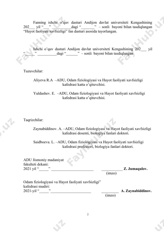 haroitlarini yaratish, tabiiy, texnogen, ekologik va boshqa tusdagi favqulodda vaziyatlardan aholini himoya qilish, ularni nazariy va amaliy jihatdan himoyalanishga hamda jarohat olganlarga birlamchi tibbiy yordam ko`rsatish qoidalarini o`rgatishdan iborat. o`quv fanini o`rganishning asosiy vazifalari: hayot faoliyatda yuzaga keladigan xavflarni identifikatsiyalash va ularni o`rganish, ishlab chiqarish jarayonlarida xavfsiz mehnat sharoitlarini yaratish, texnosferada kasb kasalliklarini kamaytiradigan va baxtsiz hodisalarni oldini oladigan chora-tadbirlarni o`rganish. shuningdek, aholini tabiiy ofat, avariya va halokatlardan himoyalanish usullariga o`rgatish, zararlangan shikastlanish o`choqlaridagi fuqarolarni qutqarish va tiklov ishlarini o`tkazish, yong’inga qarshi xavfsizlik choralarini ko`rish, jarohat olganlarga birlamchi tibbiy yordam ko`rsatish va boshqa muhim vazifalarni bajara oladigan bilim, ko`nikma va kasbiy malakaga ega insonni tarbiyalashga qaratilgan. fan bo’yicha talabalarning bilim, ko’nikma va malakasiga qo’yiladigan talablar. “hayot faoliyati xavfsizligi” o‘quv fanini o‘zlashtirish jarayonida amalga oshiriladigan masalalar doirasida bakalavr: - bilimlarning bir butun tizimi bilan o‘zaro bog‘liqlikda ushbu fanning asosiy muammolari to‘g‘risida; - bo‘lajak kasbining mohiyati va ijtimoiy ahamiyati to‘g‘risida; - xavf-xatarlarni …