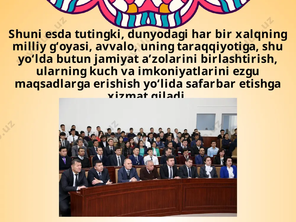 qanday oddiy odamning uyiga bostirib borib, ularni qamoqqa olgan, xotinlari, bolachaqalarini ularning ko‘z oldida qiynab, o‘zlari to‘qigan bo‘hton gaplar yozilgan qog‘ozlarga imzo qo‘ydirib olishga uringan. milliy tariximizdagi eng kir va qora davr bo‘lmish ana shu yillardagi voqealarni o‘rgangan olimlarning aytishicha, gdlyan va ivanov xalqimiz bunday adolatsizlikdan ozor chekib, dardini kimga aytishni bilmasdan, nola-yu fig‘on qilgan paytlarda uning o‘ksik ko‘ngliga nima dalda bo‘ldi? avvalo, bu dunyoda adolat va haqiqat borligiga, yorug‘ kunlar albatta kelishiga bo‘lgan ishonch unga dalda bo‘ldi. milliy g‘oyamiz bugungi kunda ham bizni katta-katta marralar sari da’vat etmoqda. savol va topshiriqlar: 1. dunyodagi har bir xalqning milliy g‘oyasi, avvalo, nimaga xizmat qiladi? 2. milliy g‘oyamizning bosh maqsadlaridan biri qaysi? 3. milliy g‘oyamiz tarkibidagi tushuncha va tamoyillarning bir-biri bilan uzviy bog‘liq ekanini izohlab bering. 4. milliy g‘oya nima uchun milliy o‘zlik, g‘urur-iftixor timsoliga aylanib ketadi? 5. yapon yoki koreys mo‘jizasining paydo bo‘lishida ushbu xalqlarning milliy g‘oyasi, ma’naviy fazilatlari qanday rol …