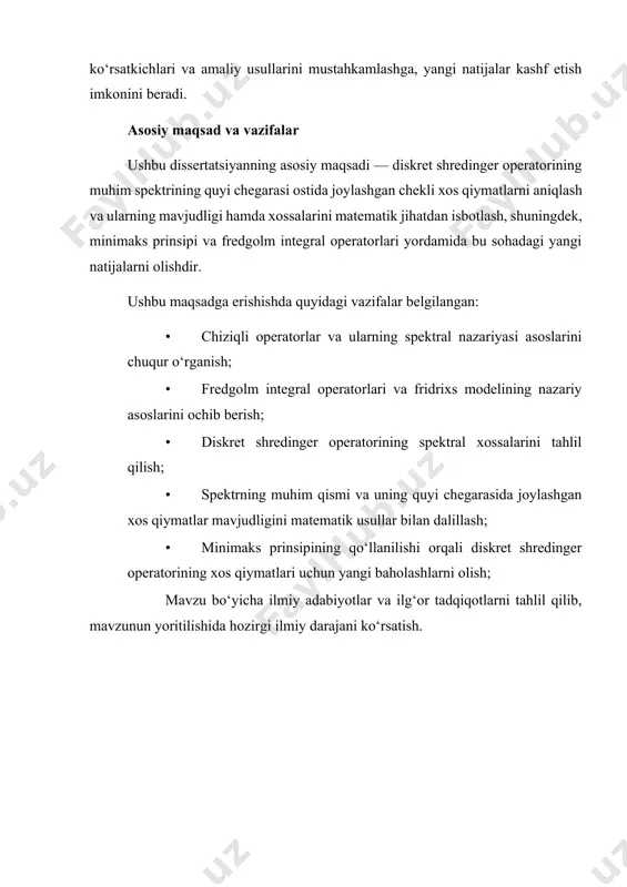 otlarni tahlil qilib, mavzunun yoritilishida hozirgi ilmiy darajani ko‘rsatish. bu mavzuda normalangan fazolarda chegaralangan chiziqli operatorlar, ularning normasini topish, chiziqli operatorlarning teskarisi mavjud yoki mavjud emasligini tekshirish, agar teskari operator mavjud bo‘lsa, uni aniqlash, chiziqli operatorlarga qo‘shma operatorlarni aniqlash (banax fazolarida banax bo‘yicha qo‘shma operatorni, hilbert fazolarda hilbert qo‘shmasini), chiziqli operatorlarning xos qiymatlari, xos vektorlari, spektri va rezolventasini aniqlashga doir mashqlarni bajarishga mo‘ljallangan. mavzuning birinchi bandi operatorlarning chiziqli chegaralanganligini tekshirib, ularning normasini topishga va chiziqli operatorning aniqlanish sohasini ko‘rsatib, uning chegaralan-maganligini yoki uzluksiz emasligini ko‘rsatishga hamda chiziqli operatorlar ketma-ketligining yaqinlashishlarini tekshirishga doir mashqlarni bajarishga oid. ikkinchi bandida berilgan chiziqli operatorga teskari operator mavjud ekanligini ko‘rsatib, uning teskarisini topishga doir mashqlar keltirilgan. bundan tashqari bu bandda teskari operatorning mavjud emasligini ko‘rsatishga doir mashqlar ham keltirilgan. uchinchi bandda esa, berilgan chiziqli operatorga mos banax yoki hilbert qo‘shmasini topishga doir mashqlar keltirilgan. so‘nggi to‘rtinchi bandda esa chiziqli operatorning xos qiymatlari, xos vektorlari, spektri …