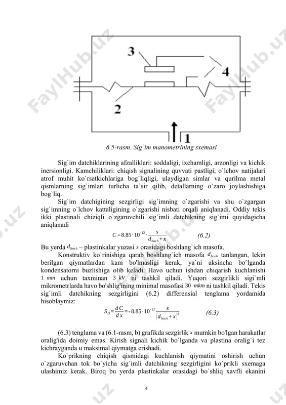 ko`rsatganda ham natijani aniqroq qabul qila olamiz. ushbu qurilma 6.5-rasmda keltirilgan. differnsila sig`imli datchik yupqa kondensator metalli qoplama 1 dan iborat va uning yuqori qismidan kuch ta`sir qiladi. qoplama 1 ga kuch ta`sir ko`rsatganda unga bog`langan prujina 6 ni siqishga majbur qiladi. qolgan harakatsiz qoplamalar 2 va 3, izolyatsiyali maxsus qatlamlar 4 va 5 korpuslari bilan mahkamlangan. qoplamalar yuqorisidan kuch ta`sir qilganda qoplam 1 harkatsiz 2 va 3 qoplamalarga simmetrik munosabatda bo`ladi. ta`sir qiladi. agarda hech qanday kuch ta`sir ko`rsatmasa natijada qoplam 1 harakatsiz qoplam 2 va 3 oralig`i bo`yicha qiymatlar teng bo`ladi. bunda ushbu sigi`mni quyidagicha ifodalaymiz: . kuch ta`sir ko`rsatganda 6 prujina siqiladi va qoplamalar orasidagi qiymatlar turli xil qiymatga erishadi, va quyidagicha ifodalanadi: 6.5-rasm. differensial sig`imli datchikni ko`prik sxemasiga ulash agar plastinkalar yarim doira shaklida bo'lsa (6.2-rasmdagi kabi) va harakatlanuvchi plastinkalarning aylanish o'qi barcha plastinkalarning aylanasi markazlaridan o'tib ketsa, u holda datchikning sig'imi aylanish burchagiga qarab o'zgaradi: …