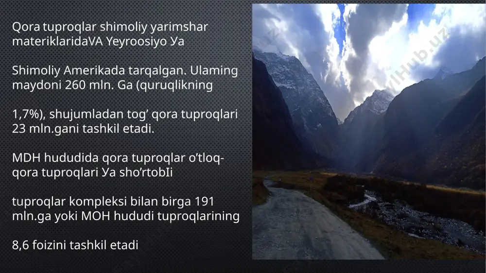 ar qalin gumusli gorizontining hosil bo'lishida, nafaqat ildiz qoldiqlari, yana vegetasiya davridagi kleylaydigan organik moddalar va mineral elementlarni saq laydigan dasht о 'tlarining i1diz ajratmalari birlamchi material ьо' i ib xizmat qiladi. qora tuproqlar strukturasining yaxshi bo'lishi, uning serkoyak (55-60 foiz) bo'lishini ta'minlaydi. yerni chuqur haydash, uning yuzasini g'oyak holda bo'lishini ta'minlash yog'in suylarini yaxshi singib ketishini ta'minlaydi. qora tuproqlarda gumusli qatlamning qalinligi bu tuproqlar пат sig' imining yuqori ьо 'iishiga olib keladi. etiboringiz uchun raxmat image2.jpeg image3.jpeg image4.jpeg image5.jpeg image6.jpeg image7.jpeg image8.jpeg image9.jpeg image10.jpeg image11.png