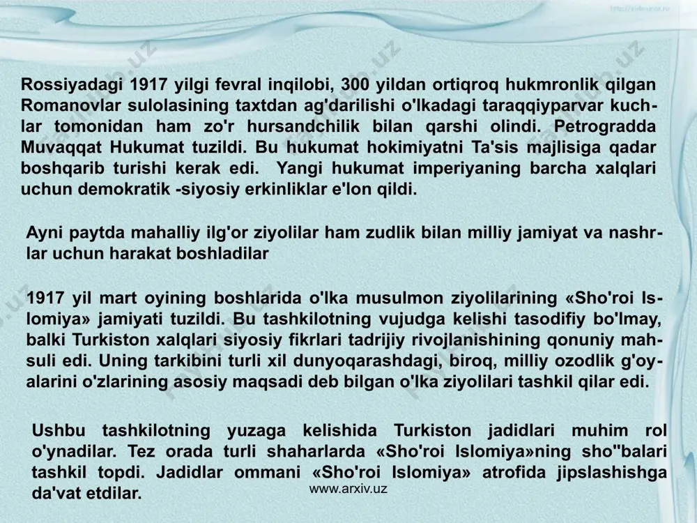 ho'roi islomiya» tashkiloti faollari yig'ilganlarni shaharda federalistlar firqasi sho''basini tuzishga chaqirdilar. taraqqiyparvar ziyolilar tomonidan ishlab chiqilgan firqaning maromnomasini o'lkada demokratik ko'rinishdagi davlat qurishning nazariy asosi edi deyish mumkin. bu fikrni maromnomaning quyidagi bandlari bilan izohlash mumkin: «firqaning maqsadi: 1)rusiyada mahalliy va milliy adami markaziyat (federasiya) asosi uzra xalq jumhuriyati tashkil etmakdur. 2) firqa turkiston, qirg'iziston, qofqoz va boshqirdiston qit'alari ( o'lkalari) uchun va boshqa milliy va mahalliy muxtoriyat, idil bo'yi ila qrim totorlari uchun va boshqa rusiyada yashaydurgon turk qavmlari uchun milliy muxtoriyat talab qiladur...4)millatning yigirma yoshga yetub, aqliyat paydo qilg'on har bir fardi: er bo'lsun, xotun bo'lsun- sinf, din va mazhab ayirmasig'a boqmasdan saylamak va saylanmak haqina molikdur. 5)yuqorida mazkur barcha muxtoriyatli qit'alar markaziy hukumat ila vatan mudofaasi, pul chiqarmak, boj va xorijiy hukumatlar ila munosabatda bo'lmoq xususlarida aloqa va irtibotini (bog'liqlikni) muhofaza qilur. 6) muxtoriyatli qit'alar dohiliy mas'alalar (idoriy, moliy, shar'iy, madaniy, adliy va maorif ishlari)da mustaqildur...». www.arxiv.uz …