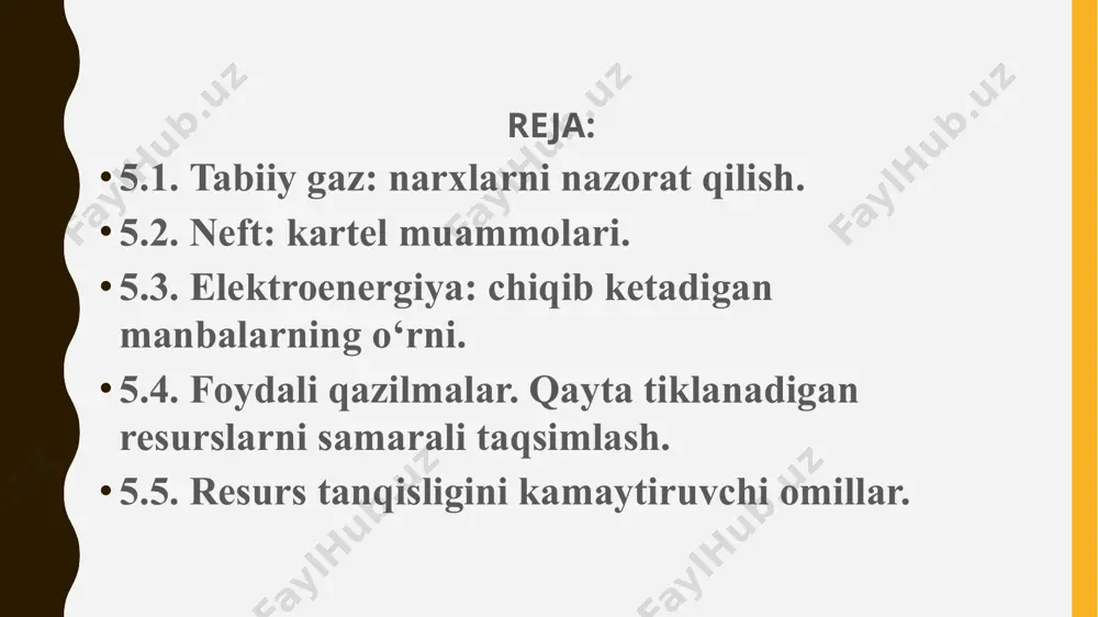 lib qoladi. har yili ishlab chiqarish va ishlatish hisobiga ularning zaxirasi kamayib bormoqda. hozirgidek sur’atlarda ishlatilganda dunyodagi qazib olinayotgan neft zaxiralari 45 - 50 yilga, tabiiy gaz zaxiralari 70 - 75 yilga, tosh ko’mir zaxiralari 165 - 170 yilga, qo’ng’ir ko’mir zaxiralari 450 - 500 yilga, yadro energiyasi zaxiralari esa ko’proq yillarga yetishi kerak. qayta tiklanuvchi energiya manbalari (qtem) markazlashgan energiya ta’minotidan (elektr energiyasi, tabiiy gaz, issiq suv) uzoqda yashay digan insonlarni, tog’ va cho’llarda istiqomat qiluvchi aholini, mavsumiy ishdagilar yoki ekspeditsiyadagilarni elektr energiyasi, issiqlik va ichimlik suviga bo’lgan talablarini qondirishda hal qiluvchi ahamiyatga ega. bundan tashqari, ular shaharlarda birlamchi uglevodorod resurslarini tejashda, mamlakat energiya xavfsizligini taminlashda katta rol o’ynaydi. hozirgi vaqtda bu sohada yetarlicha tajriba to’plangan. atmosfera va atrof – muhitga chiqayotgan tashlamalarning asosiy qismi an’anaviy yoqilg’i bilan ishlaydigan energetika (31,3%) va neft-gaz sohasiga (29%) to’g’ri keladi. oltingugurt, azot, uglerod oksidlari atmosferada uzoq masofaga tarqaladi, suv bilan qo’sxilib kislota …