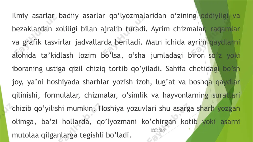 lik asoslari. – t.: toshkent davlat sharqshunoslik instituti, 2017. – 221 b. 5. sirojiddinov sh. matnshunoslik saboqlari.– t.:navoiy universiteti, 2019. -128 b. 6. habibullayev a. adabiy manbashunoslik va matnshunoslik. – т.: toshkent davlat sharqshunoslik instituti, 2000. – b. 155. пайшанба, 2025 йил 1-май 18 qo‘shimcha adabiyotlar: 1. yo‘ldoshev ibrohim. o‘zbek kitobatchilik terminologiyasi. – t.: fan, 2004. – 126 b. 2. komilov n. bu qadimiy san’at. – t.: g‘afur g‘ulom nomidagi adabiyot va san’at nashriyoti, 1997. – 188 b. 3. muhammad obid namangoniy. bayoz: tuhfat-ul obidin va anis ul-oshiqin. – toshkent: navro‘z, 2019. – 240 b. 4. munirov q. bebaho xazina. –t.: imom al-buxoriy xalqaro jamg‘armasi, 2002. – 234 b. 5. murodov a. o‘rta osiyo xattotlik san’ati tarixidan.-t.: fan, 1991.– 224 b. 6. sirojiddinov sh. xv–xvi asrlar tarixiy va tazkira-esdalik asarlarida alisher navoiy hayoti va faoliyati talqini. – samarqand: zarafshon, 1997. – 125 b. пайшанба, 2025 йил 1-май 19 e’tiboringiz uchun …