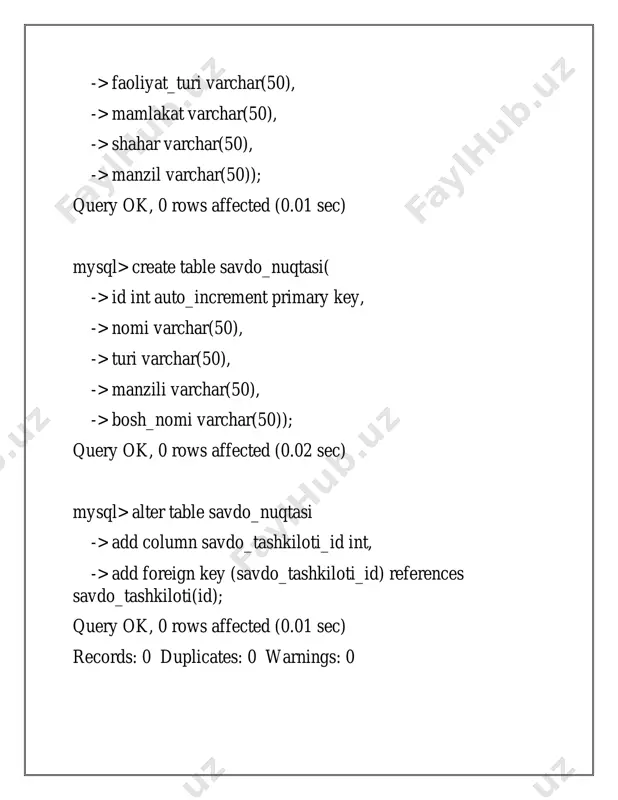 4; natijasi: 6.malumotlarni saralash so’rov mysql> select*from sotuvchi order by tugilgan_yili; natijasi: 7.malumotlarni o’chirish so’rov mysql> delete from sotuvchi where id=4; query ok, 1 row affected (0.01 sec) natijasi: 8.malumotlarni o’zgartirish so’rov mysql> update sotuvchi set ota_ism= -> "azizbek" where id=3; query ok, 1 row affected (0.00 sec) rows matched: 1 changed: 1 warnings: 0 natijasi: 9.jadvallarni o’chirish so’rov mysql> drop table sotuvchi; query ok, 0 rows affected (0.00 sec) natijasi: 10.jadval ustunlarini o’zgartirish so’rov mysql> -- drop the existing column mysql> alter table sotuvchi -> drop column yashash_manzili; query ok, 1 row affected (0.01 sec) records: 1 duplicates: 0 warnings: 0 mysql> mysql> -- add the new column mysql> alter table sotuvchi -> add column telefon_raqami varchar(20) after jinsi; query ok, 1 row affected (0.00 sec) natijasi: