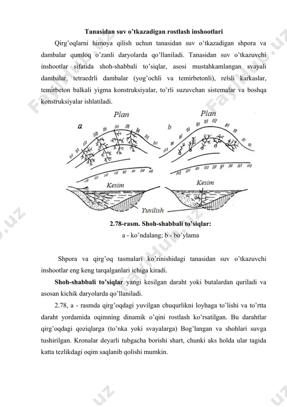 nga bog’langan shoh-shabba va archa bog’lamlaridan tuzilgan bo’ladi (2.79-rasm). 2.79-rasm. yangi kеsilgan darahtlardan qilingan tanasidan suv o’tkazadigan poluzaprudlar. 1 - darahtlar; 2 - yuklar (tuproq, tosh, gabion va h.k. to’ldirilgan haltalar); 3 -po’kaklar (yog’och bo’laklari); 4 - svaya tanasidan suv o’tkazuvchi svayali inshootlar qirg’oq bo’ylab shpora, damba va bo’ylama tasmalar ko’rinishida quriladi. shpora va dambalardagi svayalar ikki, uch yoki undan ko’p qator qilib o’rnatiladi. qatorlar soni oqim chuqurligiga bog’liq: oqim chuqurligi va tеzligi qancha katta bo’lsa, svayali qator ham shuncha ko’p bo’ladi. suv bosimi kichik bo’lganda ikki qator еtarli. bunda svayalar daryo tubidan 6 m gacha qoqiladi va svayalar orasidagi masofa 5m bo’ladi (2.80-rasm). suv bosimi katta bo’lganda uch qatorli va ko’p qatorli estakadalar o’rnatiladi, va svayalar shahmat ko’rinishida joylashtiriladi. svayali estakadalar o’rnatilishining asosiy sharti ular asosining mustahkam mahkamlanishidan iborat. amudaryodagi svayali estakada o’rnatish tajribasi shuni ko’rsatadiki, uzunligi 17m, diamеtri 30sm va asosi mustahkam qilib mahkamlanmagan svayalar yuvilish natijasida tеz …