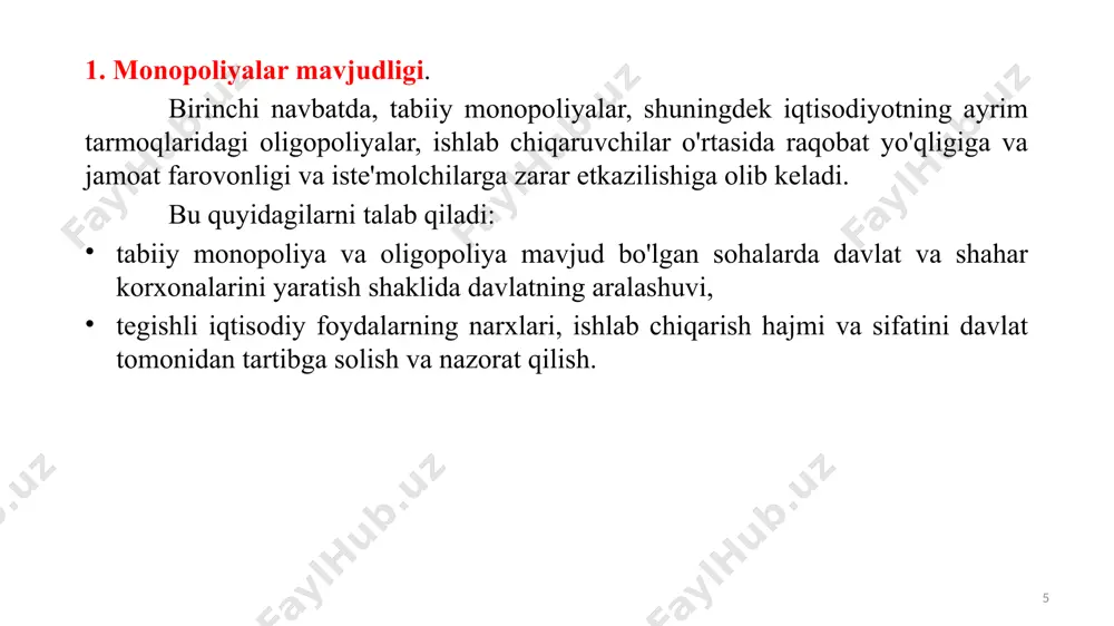fan, qonunchilik kiradi. amaliyotda faqat oz miqdordagi iqtisodiy tovarlar toza jamoat mollari hisoblanadi. 12 zamonaviy dunyoda davlatning iqtisodiy funktsiyalari ancha kengroq. ular orasida: infratuzilmani rivojlantirish, ta'limni moliyalashtirish, ishsizlarga beriladigan nafaqalar, jamiyatning kam daromadli a'zolari uchun har xil turdagi pensiya va nafaqalar va boshqalar. ushbu xizmatlarning ozgina qismi jamoat mollari hisoblanadi. ularning aksariyati jamoaviy ravishda emas, balki alohida iste'mol qilinadi. odatda davlat inflyatsiyaga qarshi va monopoliyaga qarshi siyosat olib boradi va ishsizlikni kamaytirishga intiladi. raqobatning etishmasligi ham bozordagi muvaffaqiyatsizlikdir. bozor narxlari imkoniyat narxini aks ettirishi kerak. agar zararli tashqi ta'sirlar paydo bo'la boshlasa, narxlar muqobil narxlardan pastga tushadi. raqobat etarli darajada yuqori bo'lmagan taqdirda, narxlar asossiz ko'tarila boshlaydi, bu esa bozor fiyaskosiga olib kelishi mumkin. 13 samaradorlikning iqtisodiy mazmuni sifatida har doim ishlab chiqarishning pirovard natijasi bilan unga avanslangan resurslar, mablag’lar yoki qilingan xarajatlar o’rtasidagi nisbat tushuniladi. ishlab chiqarish samaradorligi olingan foydaning (f) ishlab chiqarishga sarflangan resurslar qiymatiga (i) nisbati bilan …