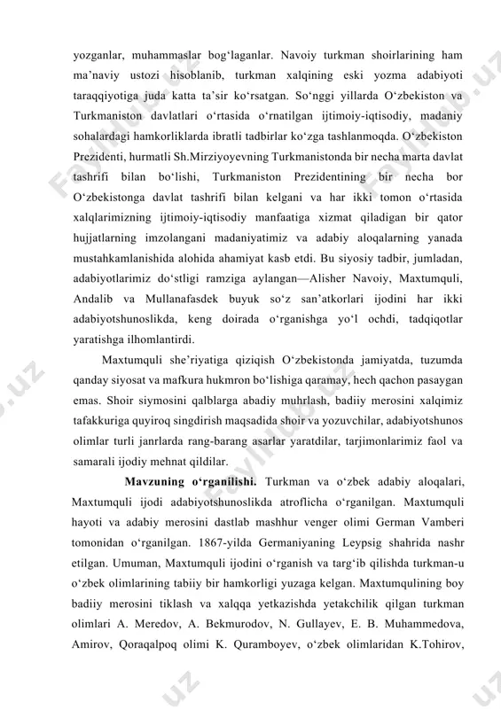 rkman va o‘zbek adabiy aloqalari, maxtumquli ijodi adabiyotshunoslikda atroflicha o‘rganilgan. maxtumquli hayoti va adabiy merosini dastlab mashhur venger olimi german vamberi tomonidan o‘rganilgan. 1867-yilda germaniyaning leypsig shahrida nashr etilgan. umuman, maxtumquli ijodini o‘rganish va targ‘ib qilishda turkman-u o‘zbek olimlarining tabiiy bir hamkorligi yuzaga kelgan. maxtumqulining boy badiiy merosini tiklash va xalqqa yetkazishda yetakchilik qilgan turkman olimlari a. meredov, a. bekmurodov, n. gullayev, e. b. muhammedova, amirov, qoraqalpoq olimi k. quramboyev, o‘zbek olimlaridan k.tohirov, y.yusupov, v.abdullayev, f. musomuhammedovlarning izlanishlarida shoir haqida turkman va o‘zbek kitobxonlariga muayyan ma’lumotlar yetkazishgan1. ammo hanuzgacha maxtumqulining purhikmat muhammaslari turkman va o‘zbek adabiyotshunoslari tomonidan o‘rganilgani yo‘q. biz mazkur ishimizda adabiyotshunos olimlarning ijodiy fikriga tayangan holda maxtumquli ijodiy merosini imkon qadar tadqiq qilishga, shoir she’rlarining g‘oyaviy-badiiy xususiyatlarini ochib berishga harakat qildik. adabiy merosi jahon ma’naviy xazinasining ajralmas bo‘lagi sifatida ajdodlardan avlodlarga o‘tib, axloqiy tarbiya quroli, ilhom chashmasi vazifasini bajarmoqda. ulug‘ shoir she’riyati ilmiy-tadqiqot manbaiga aylanganiga ham ko‘p yillar …