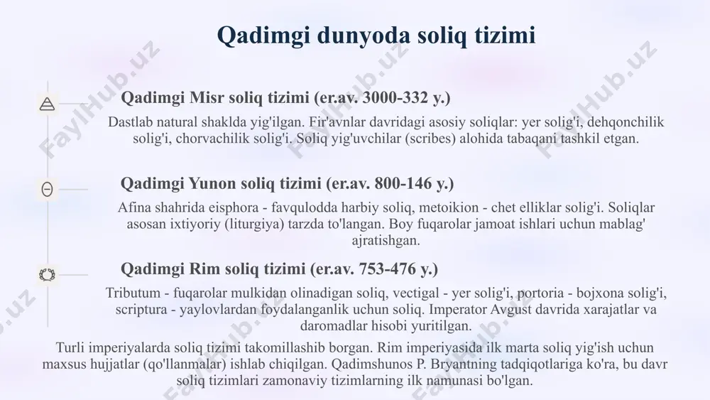 ) orqali to'plangan. ular daromadlar va xarajatlar hisobini yuritganlar, soliq stavkalarini belgilaganlar. soliq yig'uvchilar yuqori mavqega ega bo'lib, ularga qarshilik qilish og'ir jinoiy jazo bilan tugagan. ijara tizimi (otkup) rim imperiyasida va keyinchalik ko'plab davlatlarda soliq yig'ish huquqi xususiy shaxslarga ("publicani") sotilgan. ular davlatga ma'lum miqdordagi mablag'ni to'lab, aholi va savdogarlardan o'zlari soliq yig'ish huquqiga ega bo'lganlar. bu tizim soliq to'plashni soddalashtirgan, lekin ko'pincha suiiste'molliklarga olib kelgan. aholi ro'yxati rim imperatori avgust davrida (er.av. 27-14 yy.) aholi ro'yxati va mulkiy ahvoli qayd etila boshlagan. bu esa soliqlarni to'g'ri hisoblanishini ta'minlagan. tarixiy manbalar shuni ko'rsatadiki, rim imperiyasi o'z davrida 4 million soliq to'lovchisini ro'yxatga olgan, bu esa o'sha davr uchun muhim yutuq hisoblangan. iqtisodiy tarixchi k. polanyi tadqiqotlariga ko'ra, "soliq yig'ish usullari, jamiyatning boshqaruv va ijtimoiy tizimi qay darajada rivojlanganini ko'rsatuvchi asosiy ko'rsatkichlardan biri bo'lgan". 5 o'rta asrlar davri soliq tizimlari: g'arbiy yevropa monarx uchun soliqlar qirol xazinasini to'ldiruvchi asosiy manbalar …