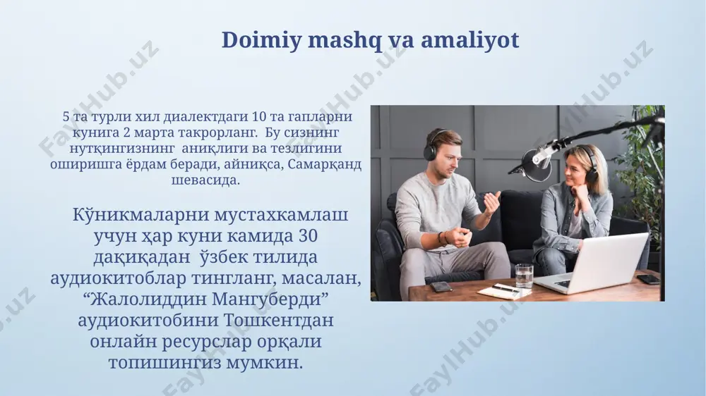 hunday xulosaga kelishgan. fikrlarni ravshan ifodalash mahoratini rivojlantirish uchun har kuni kamida 15 daqiqa davomida 3 xil turdagi matnlarni o'qib, o'z fikrlaringizni yozma va og'zaki shaklda bayon qilishni mashq qiling. bu toshkentdagi pedagoglar tavsiya etgan usul hisoblanadi. nutqdagi xatolarni aniqlash va tuzatish nutq tezligini 20 so'z/daqiqada oshirishga harakat qilish orqali, toshkentdagi nutq mutaxassislarining tavsiyalariga ko'ra, tuyg'u ifodasini takomillashtirishga erishish mumkin. so'zlarni noto'g'ri qo'llash yoki grammatik xatolarni (masalan, fe'l zamonlarining 5 tadan ortiq noto'g'ri ishlatilishi) aniqlash uchun 10 ta turli xil matn namunalarida o'zingizni tekshirib ko'ring. intonatsiya va ohangni boshqarish toʻgʻri ohang va intonatsiyani rivojlantirish uchun professional aktyorlarning 10 ta mashqlar toʻplamini, jumladan, til burmalarini va nafas olish mashqlarini toshkentdagi teatr institutining oʻquv dasturlaridan misol keltirib, taqdim eting. intonatsiyani 3 ta asosiy turga (koʻtariluvchi, tushovchi, neytral) boʻlishini va ularning gapdagi maʼno ifodalashdagi ahamiyatini, masalan, savol gaplarida koʻtariluvchi intonatsiyaning samarqanddagi shevalarda 5% koʻproq ishlatilishini tushuntiring. nutq tezligini va ritmini nazorat qilish so'zlar …