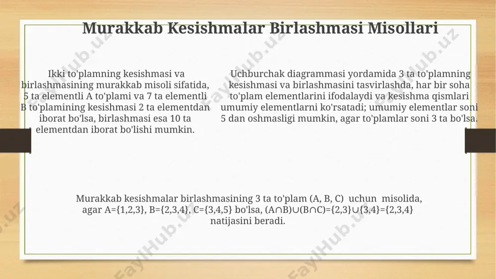 c), ularning kesishmalar birlashmasi (a∩b)∪(a∩c)∪(b∩c) koʻrinishida ifodalanadi, bu yerda ∩ kesishma va ∪ birlashma operatorlarini bildiradi. kesishmalar birlashmasi ikki yoki undan ortiq toʻplamlar kesishmasining umumlashgan birlashmasini ifodalaydi, bu yerda har bir kesishma alohida toʻplamlar juftligidan hosil boʻladi va umumiy elementlarni oʻz ichiga oladi. kesishmalar birlashmasi venn diagrammasi yordamida ham grafik ravishda tasvirlanishi mumkin, bu yerda har bir toʻplamning kesishma qismlari aniq koʻrsatiladi va ularning birlashmasi umumiy hududni hosil qiladi. e'tiboringiz uchun rahmat @taqdimot_robot image3.png image4.png