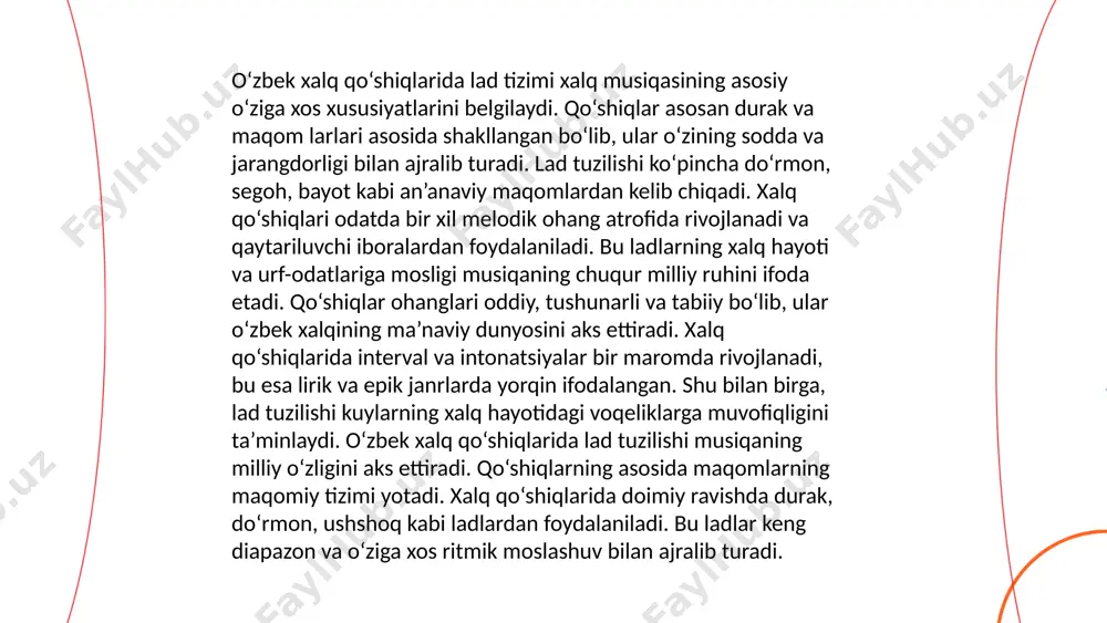 , shu orqali musiqiy ifodaning keng ko'lamini yaratadi va tinglovchilarni maftun etadi. ... t.me/slaydai_bot 7. dutor ladlari va ularning rivojlanishi 7. dutor ladlari va ularning rivojlanishi mavzusiga ko'ra, dutor ladlari o‘zbekistonda muhim an'analarga ega. dutor uch torli yoki ikki torli bo‘lishi mumkin, har bir torning o‘ziga xos sozlanishi bor. o‘zbek musiqa an'analarida dutor ladlari turlicha ishlatiladi, masalan, segoh, dugoh, navo, bayot. har bir lad o‘ziga xos ohang va tuyg‘u beradi, bu esa musiqaning turli janrlarda qo‘llanilishidagi xilma-xillikka xizmat qiladi. xviii-xix asrlarda dutor cholg‘u asbobi sifatida keng tarqalgan bo'lib, turli ladlar bilan ijro etilish san'ati rivojlantirilgan. ma’lum statistikalarga ko‘ra, hozirda har yili yuzlab qo‘shiqlar dutor asosidagi ladlar bilan yaratiladi. ... t.me/slaydai_bot o'zbek xalq qo'shiqlari o'ziga xos invariant xususiyatlarga ega bo'lib, ular ma'lum bir tuzilmaviy va tematik o'xshashliklarni saqlaydi. xalq qo'shiqlarining ko'pchiligi mos ravishda mavzular, masalan, muhabbat, ayriliq, tabiat, va mehnat haqida bo'ladi. ularning musiqiy tuzilmalari sezilarli darajada stabil bo'lib, aniq ritm …