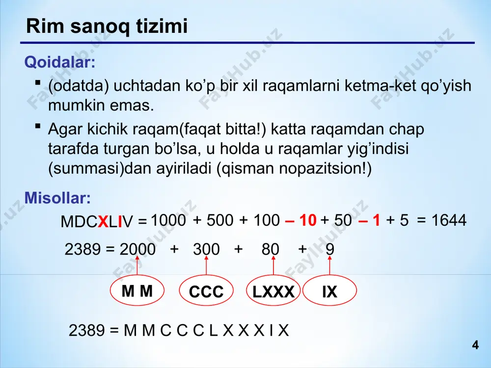 2 + 12·161 + 5·160 = 256 + 192 + 5 = 453 a, 10 b, 11 c, 12 d, 13 e, 14 f 15 b c 16 6 96 11 16 0 0 6 * * * * o’noltilik sanoq sistemasi x10 x16 x2 x10 x16 x2 0 0 0000 8 8 1000 1 1 0001 9 9 1001 2 2 0010 10 a 1010 3 3 0011 11 b 1011 4 4 0100 12 c 1100 5 5 0101 13 d 1101 6 6 0110 14 e 1110 7 7 0111 15 f 1111 * * * * ikkilikga o’tkazish 16 10 2 2 ta amal 16 = 24 7f1a16 = 7 f 1 a 0111 { { 1111 0001 10102 { { har bir o’noltilik raqamni to’rt ta ikkilik raqam ko’rinishida yozish mumkin (tetrada)! ! * * * * ikkilikga o’tkazish 16 10 2 2 ta amal …