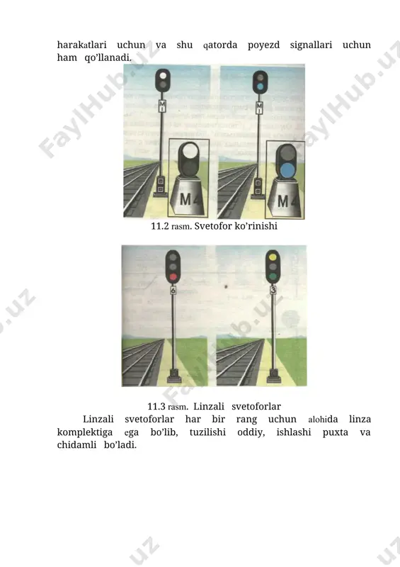 hi shishalar qо’yiladi. linzali svetoforlarga tashqaridan kuchli yorug’lik tushganda kо’rinish susayishi yoki qisman о’zgarishi mumkin. projektorli svetoforlarda taglik machtaga dumaloq gardishli fon shchiti bо’lgan projektorli svetofor kallagi о’rnatilib, bir kallak linza komplekti orqali uch xil rangda signal beriladi. rang olish uchun kallak ichida uch xil rangli nur filtri о’rnatiladi. projektorli svetoforlar nisbatan arzon, elektr quvvatini kam sarflaydi, tashqi nurlardan kо’rinishi о’zgarmaydi, ammo ularning tuzilishi murakkab va ishlash chidamliligi kamroq. projektorli svetoforlarni qо’llash yо’lning smb qurilmalari tuzilishida ham ayrim о’zgarishlarni talab etadi. 10-ma’ruza stansiyalarda signallarning qо’yilishi va ulardan foydalanish temir yо’llarda signallar harakat yо’nalishi bо’yicha yо’lning о’ng tomonidan qо’yiladi, yoki inshootlarning yakinlashish gabaritini hisobga olgan holda yо’l о’qi tepasida qо’yiladi. signallarni uning kо’rsatishini boshqa yо’l signali bilan chalkashmaydigan qilib qо’yiladi. stansiyaga kirish signali kelish yо’nalishi bо’yicha birinchi strelkali о’tkazgichning tig’li yо’naltirgichidan (afrilaridan) yoki birinchi strelkali о’tkazgichning chegara qoziqchasidan kamida 50 m oldinda qо’yiladi. elektrlashtirilgan uchastkalarda kirish signali peregon va stansiyaning kontakt …