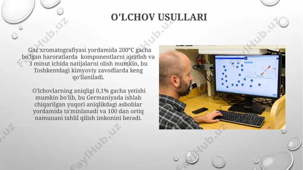 odlarni, alkohollarning izomerlarini aniqlashda yuqori aniqlikka ega boʻlib, dunyo boʻylab koʻplab kimyoviy laboratoriyalarda qoʻllaniladi. gx texnikasi yordamida 200°c dan yuqori haroratlarda uchraydigan uchuvchi organik birikmalarning, jumladan, pestitsidlarning konsentratsiyasini aniqlash mumkin boʻlib, oʻzbekistondagi oziq-ovqat mahsulotlarini tekshirishda keng qoʻllaniladi. yupqa qatlamli xromatografiya (yqx) yqxda mobil faza sifatida organik erituvchilar aralashmasidan, masalan, geksan:etil asetat (7:3) nisbatida foydalaniladi va bu usul 1-10 mkm gacha boʻlgan zarracha oʻlchamlariga ega adsorbentlardan foydalanadi. yqx, masalan, oʻsimlik ekstraktlaridagi 5 dan ortiq fenolik birikmalarni ajratish va aniqlashda, toshkentdagi oʻsimlik kimyosi laboratoriyalarida keng qoʻllaniladi. suyuqlik xromatografiyasi (sx) dunyoning turli burchaklarida, jumladan, aqsh va yevropa mamlakatlarida sx, dori vositalarini, oziq-ovqat mahsulotlarini va atrof-muhit namunalarini tahlil qilishda keng miqyosda qo'llaniladigan muhim analitik usul hisoblanadi. sxning yuqori samarali (hplc) turi, yuqori bosim ostida ishlaydi va 1 minutdan kam vaqt ichida murakkab aralashmalarning 100 dan ortiq komponentini ajrata oladi, bu uni tezkor tahlil uchun ideal qiladi. ion almashinuvi xromatografiyasi ion almashinuvi xromatografiyasi, masalan, suv …