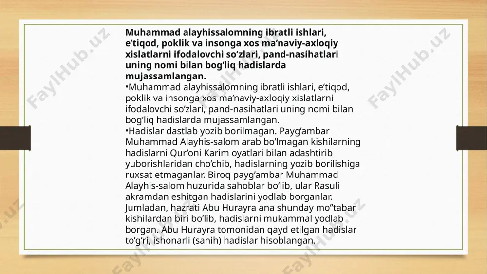 ag’iyr”, (“kichik tarix”), “al-qiroatu xalfa-l-imom” (“imom ortida turib o’qish”), “vaf’ul-yadini fi-s-saloti” (“namozda ikki qo’lni ko’tarish”) kabi asarlari mavjud bo’lib, ularning qo’lyozmalari bizgacha yetib kelgan. ammo “at-tarix al-avsat” (“o’rta tarix”), “at-tafsir al-kabir” (“katta tafsir”), “al-jome’ al-kabir” (“katta to’plam”), “kitob-ul-hiba” (“hadya kitobi”) nomli asarlari ham bo’lganligi ma’lum, biroq ular bizgacha yetib kelmagan. shubhasiz, yuqorida nomlari qayd etib o’tilgan asarlarining eng yirigi, shoh asari “al-jome’ as-sahih”dir. bu asar “sahih al-buxoriy” nomi bilan ham dunyoga mashhur. muhammad ibn iso at-termiziy uzoq safarda manbalardan o’qigan yoki muhaddislardan eshitgan hadislarni to’plab, kitoblar ta’lif qilishga kirishadi. u 863 yilda o’z vataniga qaytadi va o’zi ham shogirdlarga ta’lim beradi, ayni vaqtda kitoblar ham yozadi. muhammad ibn iso at-termiziy uzoq safarda manbalardan o’qigan yoki muhaddislardan eshitgan hadislarni to’plab, kitoblar ta’lif qilishga kirishadi. u 863 yilda o’z vataniga qaytadi va o’zi ham shogirdlarga ta’lim beradi, ayni vaqtda kitoblar ham yozadi. alloma tomonidan o’ndan ortiq asarlar yaratilganligi ma’lum. bular qatoridan “al-jome’ …