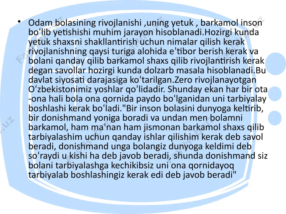 rivojlanishi uchun muhim boʻlaganligi sababli juda koʻp olimlar ijtimoiy muhitning bola rivojlanishiga taʼsirini oʻrganib chiqadi. bola ijtimoiy muhitga kirganida uning tarbiyasi yutish -turishi odamlarga munosabati hattoki oilasiga munosabati ham oʻzgaradi. agressiyani moyillashtirish sharoitlarini oʻrganish ijtimoiylashuv nazariyasining tayanch mavzularidan biridir. ijtimoiylashuv jarayoni favqulotda keng va koʻp qirrali jarayondir. ijtimoiylashuv jarayoni onson boʻlishi uchun oilaviy sharoit ham juda muhimdir bola xulqi yaxshi boʻlsa ijtimoiylash ham onsonlashadi bolarning turli davralarga erkin kirib turli odamlar bilan munosabtga kirishishi onson boʻladi.bunday jarayonda hulq albatta muhimdir. bolaning ijtimoiy muhitga kishishida ota –ona juda eʼtiborli boʻlishi kerak. bolaning yon atrofidagi oʻrtoqlari unga yomon taʼsir koʻrsatsa bola hayoti ham salbiy tomonga oʻzgaradi. e’tiboringiz uchun raxmat! image2.jpeg image3.jpeg image4.png image5.jpeg image6.jpeg image1.wmf /docprops/thumbnail.jpeg