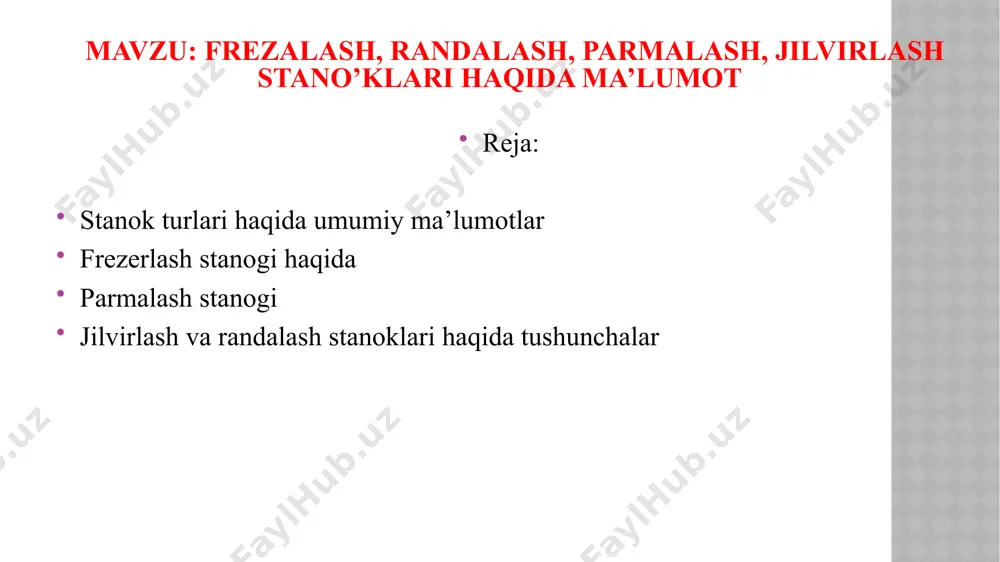 teriallardan yasalgan narsalarga teshiklar ochiladi. jilvirlash va randalash stanoklari haqida. jilvirlash dastgohlari. bu stanoklar ishlanadigan yuzaning shakliga qarab tashqi va ichki, yassi va maxsus jilvirlash stanoklariga bo'linadi. tashqi doiraviy jilvirlash stanoklari tashqi doiraviy silindrik bo’lib, jilvirlash uchun mo’ljallangan. randalash stanoklari randalash stanogi — yassi va shakldor sirtlarni yoʻnish uchun moʻljallangan metall kesish qurilmasi. koʻndalang randalash va boʻylama randalash xillariga boʻlinadi. koʻndalang randalash stanogida keskin polzun bilan birga ilgarilamaqaytma harakatlanadi, boʻylama randalash stanogida esa keskich emas, balki zagotovka harakatlanib turadi. yog‘och sirtlarini tekislash va silliqlash, yogʻoch buyumlarda shakldor sirtlar hosil qilish uchun moʻljallangan yogʻoch yoʻnish qurilmasi. bunda keskich aylanib turadi, yogʻoch zagotovka ilgarilama harakatlantiriladi. image1.jpeg image2.jpeg image3.jpeg image4.jpeg image5.jpeg image6.jpeg image7.png image8.jpeg image9.jpeg /docprops/thumbnail.jpeg