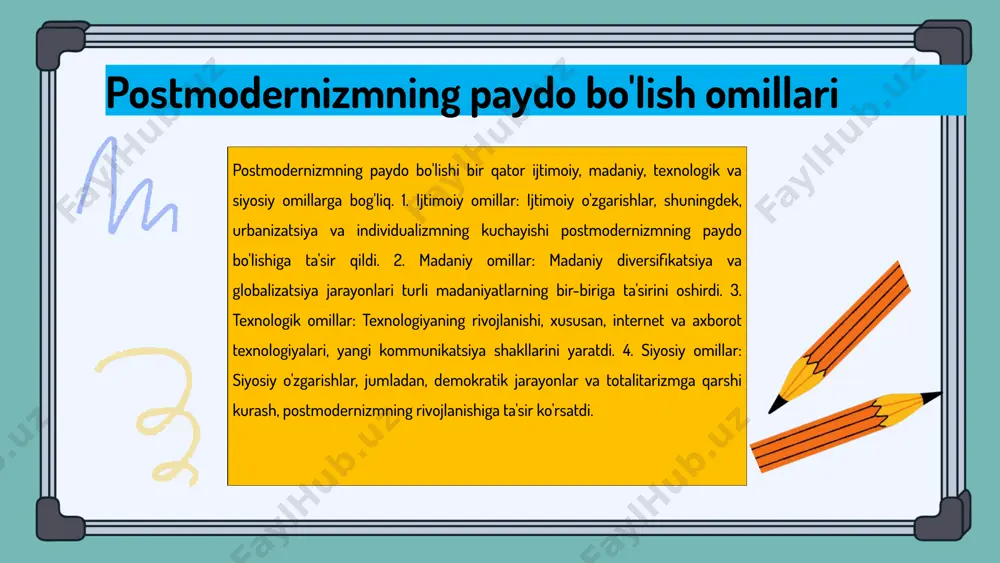 munosabatlarni rivojlantirishda muhim rol o'ynaydi. xulosa postmodernizm - 20-asrning ikkinchi yarmi va 21-asr boshlarida yuzaga kelgan madaniy va san'atiy harakat bo'lib, an'anaviy qiymatlarni savol ostiga qo'yadi. ushbu davrda ijtimoiy va madaniy o'zgarishlar, jumladan, globalizatsiya va texnologik taraqqiyot, san'at va adabiyotga sezilarli ta'sir ko'rsatdi. postmodernizm jamiyatda ko'p qirralilik va ko'p madaniylikni qo'llab-quvvatlaydi, kelajak istiqbolida esa bu yondashuvning rivojlanishi davom etishi kutilmoqda. foydalanilgan adabiyotlar 1. shukurov, m. postmodernizm tushunchalari. o'zbekiston milliy universiteti, 2022 2. qodirov, a. postmodern adabiyot va uning asosiy xususiyatlari. fan va texnologiya, 2021 3. turobov, s. universal gumanizm va uning jamiyatdagi roli. gumanitar tadqiqotlar, 2023 4. mamatqulov, j. postmodernizm va modernizm: farqlar va o'xshashliklar. adabiyot va san'at, 2020 5. sultonov, r. postmodernizm va ijtimoiy o'zgarishlar. ijtimoiy fanlar jurnali, 2022 e'tiboringiz uchun rahmat! image1.png image2.png image3.png image4.png image5.png image6.png image7.png image8.png image9.png image10.png image11.png image24.jpeg image18.png image19.png image20.png image21.png image22.png image23.png