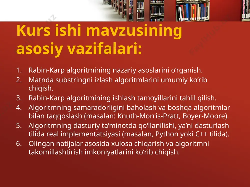 and replace” imkoniyatlarini amalga oshirish kabi. hatto bioinformatika sohasida, masalan dnk ketma-ketliklarini tahlil qilishda ham ushbu algoritm ishlatiladi. uning ko‘p naqshli izlash imkoniyati real amaliyotda ayniqsa foydalidir. ushbu rasmda kod va algoritm implementatsiyasi keltirilgan va uni tushuntirish uchun ancha qulay iii. xulosa ushbu kurs ishida rabin-karp algoritmi chuqur o‘rganildi va uning matn ichida izlash muammosini hal etishdagi samaradorligi tahlil qilindi. algoritmning asosiy ustunligi — xesh-funksiyalardan foydalanib, izlash jarayonini tezlashtirishdir. ayniqsa, ko‘p naqshlarni bir vaqtning o‘zida izlash kerak bo‘lgan holatlarda rabin-karp eng samarali yondashuvlardan biridir. dasturiy ta’minotlarda, plagiat aniqlash tizimlarida, fayl tahlilida va hatto dnk ketma-ketliklarini aniqlashda ham ushbu algoritmning amaliy ahamiyati katta. shu bilan birga, xesh funksiyalar to‘g‘ri tanlanmasa yoki to‘qnashuvlar ko‘p bo‘lsa, algoritm sekin ishlashi mumkin. bu esa uning ba’zi hollarda chekloviga sabab bo‘ladi. shunga qaramay, rabin-karp algoritmi oddiy, tushunarli va ko‘p sohalarga moslashuvchan bo‘lib, zamonaviy matn izlash muammolarini samarali hal etadi. kelgusida xesh-funktsiyalarni takomillashtirish orqali uning natijadorligini oshirish …