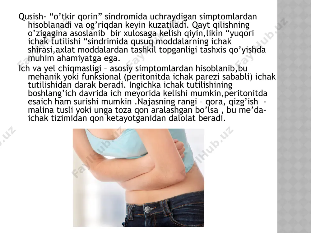 etishi spontan qon ketishi(tuxumdon kistasining yorilishi,bachadon nayi homiladorligi) jarohatliqon ketishga qaraganda kam uchraydi.taloqning spontan yorilishi,viseral arteriolalar(taloq arteriyasi anevrizmasining yorilishi) ham kam uchraydigan kasalliklar turkumiga kiradi.gemoperitonizmda asosiy belgilardan qon yo’qotishning umumiy(terining oqarishi,taxikardiya,qon bosimining pasayishi,anemiya)hamda mahalliy simptomlar kuzatiladi.qorin paypaslab ko’rilganda odatda yumshoq,lekin og’riqli qorin pardaning ta’sirlanish simptomi musbat bo’ladi. perkussiya qilinganda qorinning pastki qismlarida to’mtoqlik aniqlanadi. ichak parezining belgilariga: qorinning bir tekisda shishi,dam bo’lishi,peristaltikaning sustlashishi yoki yo’qolishi kiradi.tashxis qorin bo’shlig’i rentgenoskopiyasi,uzd va laparosentez yordamida aniqlanadi. o’tkir appendisit chuvalchangsimon o’simtaning yiringli yallig’lanishi b.b, appendisitga chuvalchangsimon o’simta ichaklardan yoki qon va limfa tomirlari orqali infeksiya kirishi sabab bo’ladi.appendisitning klinik jihatdan o’tkir va surunkali turlari farqlanadi. tasnifi . (v.i. kolesov bo’yicha 1972yil) 1.appendikulyar sanchiq(sust rivojlangan appendisit) 2.kataral(oddiy,yuzaki)appendisit 3.destruktiv appendisit flegmonali gangrenali gangrenali-teshilgan 4.asoratlari; appendikulyar infiltrat b) appendikulyar absess c) tarqalgan yiringli peritonit d) boshqa xildagi asoratlar(pileflebit,sepsis) odatda kasallik epigastral sohadagi og’riq b.n boshlanadi va ma’lum vaqt o’tgachog’riq o’ng yon bosh sohasiga o’tadi(koxer- volkovich simptomi).o’tkir appendisitning …