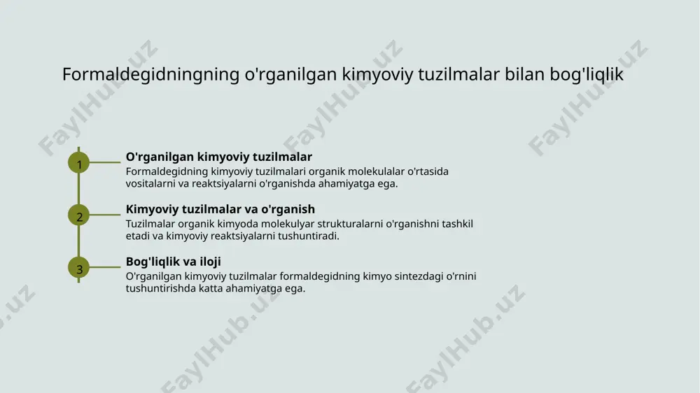 talizator sifatida platin metalidan foydalaniladi. 3 kimyo sintezda formaldegidningning o'z xossalari formaldegidning sintezi davomida, har bir qadamda uni xarakterizatsiya qiluvchi o'ziga xos kimyo xossalari va aylanishlar paydo bo'ladi, bu esa sintez jarayonini tushunarli qiladi. formaldegidning toksikologik xususiyatlari 1 formaldegidning toksikologik xususiyatlari formaldegid formaldegidni ichib olish yoki terish orqali qabul qilish bo'yicha toxik effektlarga olib keladigan kimyoviy moddadir. 2 o'ziga xos xossalari formaldegidning o'simliklar va hayvonlar uchun toksik xavfni oshirishi, qon va tana tizimlariga zarar yetkazadi. 3 toksik effektlari formaldegidning tana tizimlariga zarar yetkazishi bilan bog'liq shikoyatlar, allergik reaksiyalar, va uzgarishsizliklar kuzatiladi. kimyo sintezda formaldegidning roli va ahamiyati kimyo sintezda formaldegid, organik kimyo va atrof-muhit ilmiy tadqiqotlarida katta rolini o'z ichiga olgan keskin bo'lib, bu preservativ va dezinfektsiyachi sifatida ham amalga oshiriladi. bu kimyoviy sintezda ahamiyatli moddi hisoblanadi. photo by soliman cifuentes on unsplash formaldegidning toksik effektlari 1 formaldegidning toksik effektlari formaldegidningning toksik effektlari, qon va tizimlarga zararli olib keladi, so'nggi …
