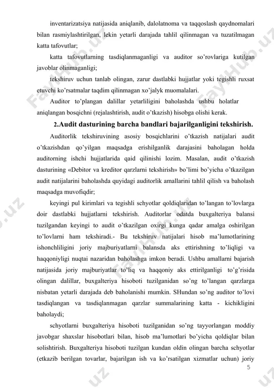 qsad va vazifalaridan kelib chiqib, umumlashtirilgan va baholangan tekshiruv natijalarini kamida ikkita hujjat bilan rasmiylashtirish maqsadga muvofiqdir: 1) audit haqidagi shartnomada ko’zda tutilgan davr ichidagi korxonaning moliya-xo’jalik faoliyatini auditorlik tekshiruvidan o’tkazish to’g’risida hisobot; 2) buxgalteriya balansi va moliyaviy hisobot bo’yicha auditorlik xulosasi. o’zbekistan respublikasining «auditorlik faoliyati to’g’risida»gi qonunida belgilanishicha: auditorlik hisoboti auditorlik tekshiruvining borishi, buxgalteriya hisobini yuritishning belgilangan tartibidan aniqlangan chetga chiqishlar, moliyaviy hisobotdagi qoyida-buzarliklar to’g’risidagi mufassal ma’lumotlardan, shuningdek auditorlik tekshiruvi o’tkazish natijasida olingan boshqa axborotdan iborat bo’lgan va xo’jalik yurituvchi sub’ekt rahbariga, mulkdorga, katnashchilari (aktsiyadorlari)ning umumiy yig’ilishiga yo’llangan hujjat (18-modda). auditorlik hisobotining tarkibi quyidagicha: a) nomi («auditorlik hisobot» yoki «auditorlik tashkilotining hisoboti» degan har ikkala nom bir xil ma’noga ega); b) adresat nomi; v) kirish qismi; g) ta’kidlash qismi; d) yakuniy qism. auditorlik hisoboti moliyaviy hisobotni auditorlik tekshiruvidan o’tkazgan auditor (lar) tomonidan betma-bet imzolanishi lozim. auditorlik hisoboti auditorlik tekshiruvining buyurtmachisiga, buyurtmachining barcha zarur rekvizitlari ko’rsatilgan holda jo’natiladi. auditorlik hisobotidagi …