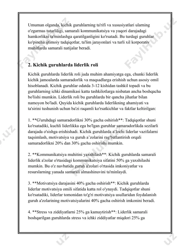 . **jamoaviy ko'nikmalar**: guruh a'zolari o'rtasidagi kommunikatsiya jarayonlari samarali amalga oshirilishi uchun muhim ko'nikmalardan biri faol tinglashdir. tadqiqotlar shuni ko'rsatadiki, faol tinglash 60% hollarda tushunmovchiliklarni kamroq keltirib chiqaradi. 5. **teskari aloqa va ta'sir**: teskari aloqa jarayonlari muvaffaqiyatli guruh ishining ajralmas qismlaridan biri hisoblanadi. 75% boshqaruvchilar teskari aloqa vositalarining joriy qilingani samaradorlikni oshirishini tasdiqlagan. 6. **madaniy va ijtimoiy omillar**: madaniy xilma-xillik guruh ichidagi kommunikatsiya strategiyalarini shakllantirishda katta rol o'ynaydi. xalqaro jamoalarda qilingan tadqiqotlar 45% hollarda madaniy farqlar jamoaviy kommunikatsiyada muammolar yuzaga keltirganini aniqlagan. 7. **maqsadni aniqlash va roli taqsimoti**: kommunikatsiya jarayonlari muvaffaqiyatli bo'lishi uchun guruh a'zolari o'rtasida aniq maqsadlar va rollar bo'lishi muhimdir. 2021 yilgi ma'lumotlarga ko'ra, aniq vazifalar belgilangan jamoalarda samaradorlik 30% ga oshgan. 8. **muammolarni hal qilish qobiliyati**: jamoa o'rtasidagi kommunikatsiya yomonlashganda, muammolarni yechish qobiliyati ahamiyat kasb etadi. 50% hollarda, yaxshi muloqot muammolarning oldini olishda samarali yordam bergan. 9. **fikr almashinuvi platformalari**: onlayn forumlar va anjuman platformalari jamoaviy manipulyatsiya …