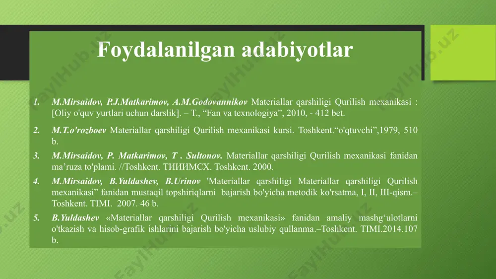 4,0 0,6 – 2,5 1,0 – 9,0 cho’zilish va siqilish inshoot va mashina elimentlarida ko’p uchraydigan holdir. masalan- zanjir, tiros va fabrika zavodlarning trubalari (1-rasm) bino tomonidan ushlab turuvchi kalonkalar va h.k . cho’zilish yoki siqilish deformatsiyaga uchraydi. inshoot yoki mashina qisimlar maxkamlanish turiga yoki yuk va tashqi kuchlarning ta’sir qilish tavsifiga qarab markaziy yoki markazlashmagan cho’zilish yoki siqilishda bo’ladi. 1-rasm cho’zilish va siqilishga ishlovchi konstruksiyalar a-yuk osilgan tros: b-zavodning trubasi: makaziy cho’zilish yoki siqilish deb, bir-biriga teng va o’qi bo’ylab qarama –qarshi tomonlarga yo’nalgan kuchlar tasiridagi sterjenninng deformatsiyasiga aytiladi.(2-rasm) markaziy cho’zilish va siqilishda sterjining ko’ndalang kesimida faqat bir xil ikkinchi faktor bo’ylama kuch n hosil (2- rasm ) bo’ladi. bo’lama kuch n sterjin ko’ndalang kesiming cheksiz kichik yuzaga (σ a) ta’sir etuvchi σ (σ a) ichki kuchlarning teng ta’sir etuvchisi hisoblanadi. n=ʃ σ* σ a (1,1) formula 2-rasm. cho’zilish va siqilishda ichki bo’ylama kuch demak bu formuladan quydagicha yozishimiz …