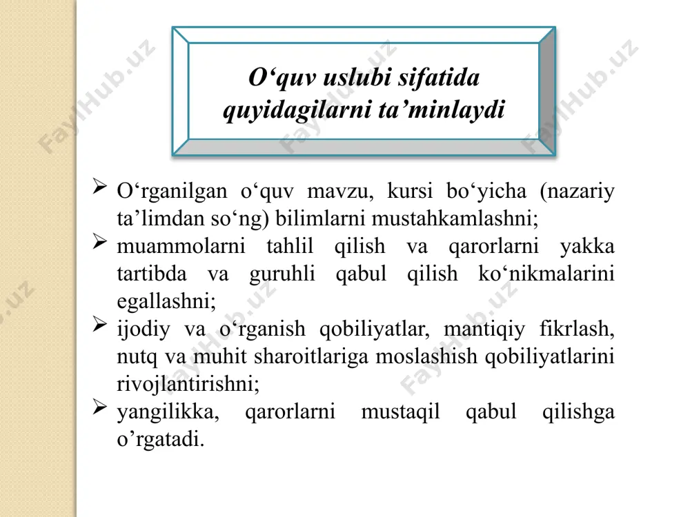 keyslar. syujetsiz keyslar 2. vaziyat bayonining davriy izchilligi 1. o‘tmishdan hozirga kelish rejimidagi keys vaqt orqaga qaytariladigan keys-xotira prognostik keys 2. 3. keysning ob’ekti 1. individual keyslar. tashkiliy-institutsional keyslar ko‘p sub’ektli keyslar 2. 3. materialni taqdim etish usuli hikoya, esse, tahliliy yozishma, hisobot, ocherk, dalillar majmui, jurnalist surishtiruvi, statistik materiallar majmui, hujjatlar va ishlab chiqarish namunalari majmui rasmiylashtirish usuli 1. bosma ko‘rinishdagi keyslar. 2. elektron keyslar. 3.video-keyslar. 4.audio-keyslar. 5.multimedia-keyslar hajmi 1. qisqa hajmli keyslar. o‘rtacha miqdordagi keyslar. katta hajmli keyslar 2. 3. tuzilmaviy o‘ziga xos xususiyatlari muayyan tuzilmaga ega keyslar. muayyan tuzilmaga ega bo‘lmagan keyslar o‘quv topshirig‘ini taqdim etish usuli 1. savolli keyslar. topshiriqli keyslar 2. didaktik maqsadi 1.muammo, echim yoki konsepsiyani izohlovchi keyslar 2.treningli (o‘quv mavzusi/predmeti bo‘yichamalaka va ko‘nikmalarni hosil qiluvchi) keyslar 3. tahliliy va baholashga o‘rgatuvchi keyslar 4.muammoni ajratish va echish, boshqaruv qarorlarini qabul qilishga o‘rgatuvchi keyslar 5.vaziyatni rivojlantiruvchi yangi strategiya, yo‘l,yangicha baholash usullari va boshqalarni ishlabchiqishga rag‘batlantiruvchi …