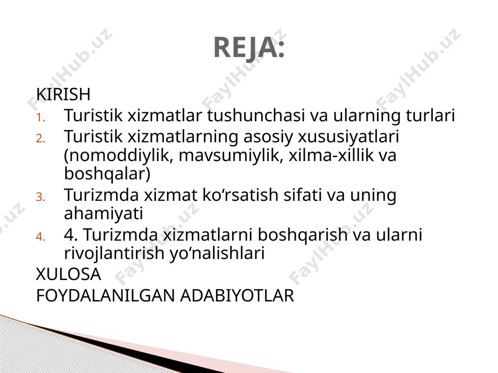 , madaniyat va ijtimoiy hayotini boyitishga ham xizmat qiladi. turistik xizmatlar tushunchasi va ularning turlari 1. transport xizmati. turistlarning bir joydan ikkinchi joyga qulay va xavfsiz yetib borishini ta’minlaydi. havo, temir yo‘l, avtomobil va suv transporti orqali amalga oshiriladi. transport sifati va qulayligi sayohat taassurotining birlamchi omilidir. 2. joylashtirish (mehmonxona) xizmati. turistlarni yashash joyi bilan ta’minlaydigan xizmatdir. mehmonxonalar, xostellar, sanatoriyalar, dam olish uylari, kempinglar va boshqa turar-joy ob’ektlari shular jumlasidandir. ularning qulayligi va narxi turistlar qaroriga bevosita ta’sir qiladi. 3. ovqatlanish xizmati. restoran, kafe, milliy oshxonalar, tezkor ovqatlanish shoxobchalari orqali taqdim etiladi. bu xizmat turi turistlarga nafaqat fiziologik ehtiyojlarini qondirish, balki milliy madaniyat bilan tanishish imkoniyatini ham beradi. 4. ekskursiya va madaniy-ko‘ngilochar xizmatlar. tarixiy obidalar, muzeylar, teatr va konsertlar, tabiat yodgorliklariga tashrifni o‘z ichiga oladi. ekskursovod va gid xizmatlari bu jarayonning muhim qismi bo‘lib, ular turistlarga bilim va yangi tajriba beradi. 5. sog‘lomlashtirish va sport xizmatlari. sanatoriylar, kurortlar, sport majmualari, …
