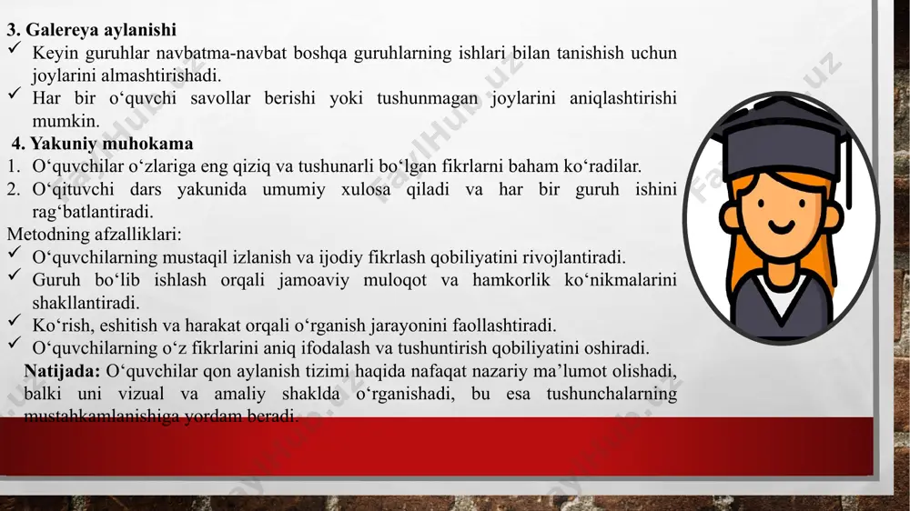 alarni muhokama qilish uchun yig‘ilish o‘tkazmoqchi! kelinglar, ularning suhbatini tinglaymiz. endi har bir guruh navbatma-navbat oldinga chiqib, o‘z sahnasini ijro etadi. quyidagi misol orqali tushuntirib beramiz: misol: organlar suhbatlashmoqda 1. yurakning so‘zi yurak (qo‘llarini yurak shaklida tutib turib): “men yurakman! mening asosiy vazifam – qonni butun tanaga haydash! agar men tinmay urib tursam, butun organizm ishlaydi. ammo juda ko‘p yuk tushsa, men charchab qolaman!” 2. arteriyalarning so‘zi arteriyalar (qo‘llarini qonda kislorod olib ketayotgandek ko‘tarib turib): “men arteriyaman! yurak meni kuch bilan siqib, kislorodga boy qonni butun tanaga yuboradi. agar tomirlarim tiqilib qolsa yoki siqilsa, yurak juda qiyin ahvolga tushadi!” 3. venalarning so‘zi venalar (qo‘llarini tushirib, sekin yurib, charchagan odamdek turib): “men venaman! men karbonat angidridga boy qonni yurakka qaytarib olib boraman. ammo agar men tiqilib qolsam, qon aylanish yomonlashadi va oyoqlar shishib ketadi!” 4. qon hujayralarining so‘zi qon hujayralari (harakat qilib, yugurib kelib): “biz – qizil qon hujayralarimiz! biz tanaga …