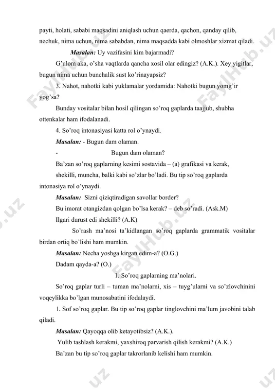 : buyruq – istak fe’lining kesim vazifasida kelishi bilan. i-shaxs: olimjon aka! erlarimizni qondirib-qondirib sug’oraylik! (sh.r.) ii-shaxs: mening ham yurtim mash’alday porlasin! (p.t. ) 2. shart fe’lining kesim vazifasida ishlatilishi bilan: qaxraton qish bo’lsa!.. (o). qani endi, snga o’hshab hamma aqlli bo’lsa! (kerb). bunday gaplar tarkibida koshki, qani, qani endi so’zlari bo’lishi ham mumkin. qani endi, senga o’xshab hamma aqlli bo’lsa! (kerb). shart fe’lidan so’ng to’liqsiz fe’lidan so’ng to’liqsiz fe’l, emokning turli shakllari keladi. tezroq kela qolsa edi. (m.g.). 3. kerak, mumkin so’zlarining harakat nomi tarkibida kelishi bilan: bu masalani jamoa boshqaruvi majlisiga qo’yish kerak. 4. ayrim to’liqsiz gaplar ham buyruq mazmunini ifodalaydi. bu xil gaplarda intonasiyaning roli kuchli bo’ladi. a) egasiz to’liqsiz gaplar: bas! bas! bas! o’rtamang meni. (x.x.). b) kesmsiz to’liqsiz gaplar: o’lim yovga! (x.o.). senga o’lim, senga nafrat, ey ajal !! (a.u.). v) ega va kesimsiz: tinchlik ahdi uchun! (ask. m.) buyruq gapning ma’no turlari. buyruq gaplar …