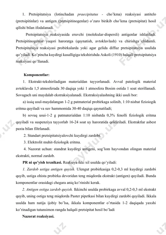 kuydirgi zardobi quyiladi. ikkala usulda ham natija ijobiy bo’lsa, ikkala komponentlar o’rtasida 1-2 daqiqada yaxshi ko’rinadigan tutunsimon rangda halqali pretsipitat hosil bo’ladi nazorat reaksiyasi. 1. standart kuydirgi antigeni + kuydirgi zardobi (natija ijobiy 1-2 daqiqada). 2. sog’lom hayvon materiali ekstrakti + standart zardob (natija manfiy 1 soatda). 3. standart antigen + normal zardob (natija manfiy 1 soatda). 4. fiziologik eritma + standart zardob (natija manfiy 1 soatda). natijani baholash. ijobiy natija (+), gumonli natija (+-), manfiy natija (-). diffuzli pr. buyum oynachasida yoki petri kosachalaridagi 1 % agar gelida qo’yiladi. gel qotgach standart shtamp bilan o’yiqlar qilinadi. markazdagi o’yiqqa standart zardob, atrofidagilarga esa antigen namunalari paster pipetkasi bilan quyiladi. u eksikatorda bir sutka termostatda turgandan keyin, bir xil antigen va antitelolar uchrashgan joyda kompleks hosil bo’lib, aniq pretsipitat chiziqlari ko’rinadi. bunda ham nazorat reaksiyasi qo’yiladi. pretsipitatsiya chiziqlari yanada yaxshi ko’rinishi uchun plastinalar fiziologik eritmada yuviladi va 65%li kadmiy sulfat eritmasi …