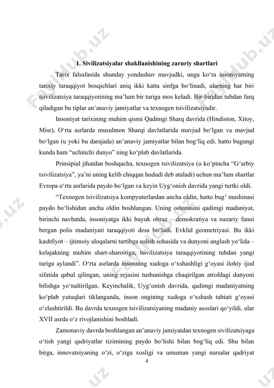 tti moʻ’jizasidan farqli oʻlaroq, bu har bir shaxs oʻziga xos boʻlishi, gʻayrioddiy narsaga erishishi mumkinligini yaqqol namoyish etadi. “dunyoning yetti moʻjizasi” esa, aksincha, dunyoning toʻliqligini ta’kidlab, ulugʻvor, chinakam gʻayrioddiy hamma narsa allaqachon sodir boʻlganligini koʻrsatish uchun moʻljallangan edi... an’anaviy madaniyatlarda bu “oltin davr” allaqachon oʻtib ketgan deb hisoblar edi, u ortda qoldi, uzoq oʻtmishda. oʻtmish qahramonlari “taqlid qilinishi kerak boʻlgan xatti-harakatlar va harakatlar modellarini yaratdilar. texnogen jamiyatlar madaniyati boshqa yoʻnalishga ega. ularda, ijtimoiy taraqqiyot gʻoyasi oʻzgarishlarni kutish va kelajakka qarab harakatlanishni ragʻbatlantiradi va kelajak dunyoning tobora baxtli boʻlishini ta’minlovchi tsivilizatsiya yutuqlarining oʻsishi deb ishoniladi.” texnogen madaniyat qadriyatlari inson faoliyatiga mutlaqo yangi xususiyat beradi. agar, masalan, qadimgi xitoy madaniyatining eng muhim talabi (“vu-vey” tamoyilida ifodalangan) tabiiy jarayonlarning borishiga aralashmaslik va shaxsning mavjud ijtimoiy muhitga moslashishi boʻlsa, madaniyatda texnogen tsivilizatsiya insonning asosiy maqsadi transformatsion faoliyat hisoblanadi.[footnoteref:2] [2: nesbitt dzheburdin p. 90-yillarda bizni nima kutmoqda. megatrendlar. 2000 yil. - m., 1991. b. 15.] …