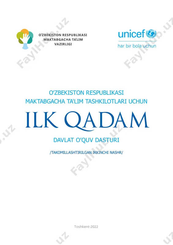 ..........................................................................................................................5 1-bob. umumiy qoidalar ..........................................................................................................................7 1.1. davlat o‘quv dasturining qo‘llanilishi ......................................................................................8 1.2. mttning maqsad va vazifalari ..................................................................................................8 1.3. pedagogning roli ........................................................................................................................8 2-bob. mtt ta’lim va tarbiya jarayonining maqsad va tamoyillari ...................................... 11 2.1. mtt ta’lim va tarbiya jarayonining maqsadi ........................................................................ 12 2.2. mttda ta’lim va tarbiya jarayonini tashkil etish tamoyillari ............................................... 12 2.3. qo‘shimcha ta’lim xizmatlarini tashkil etish ........................................................................ 13 2.4. ta’lim olishda alohida ehtiyojlari bo‘lgan bolalar uchun ta’lim va tarbiya jarayoni (inklyuziv ta’lim) ....................................................................................................................... 13 2.5. ota-onalar va mahalliy hamjamiyat bilan hamkorlik .......................................................... 14 2-bob. maktabgacha yoshdagi bolalarga ta’lim berishda kompetensiyaviy yondashuv .................................................................................................................................... 15 3.1. maktabgacha yoshdagi (6-7 yosh) bolaning tayanch kompetensiyalari .......................... 16 3.2. bolaning rivojlanish sohalari kompetensiyalari ................................................................... 17 3.2.1. ʺjismoniy rivojlanish va sog‘lom turmush tarzining
