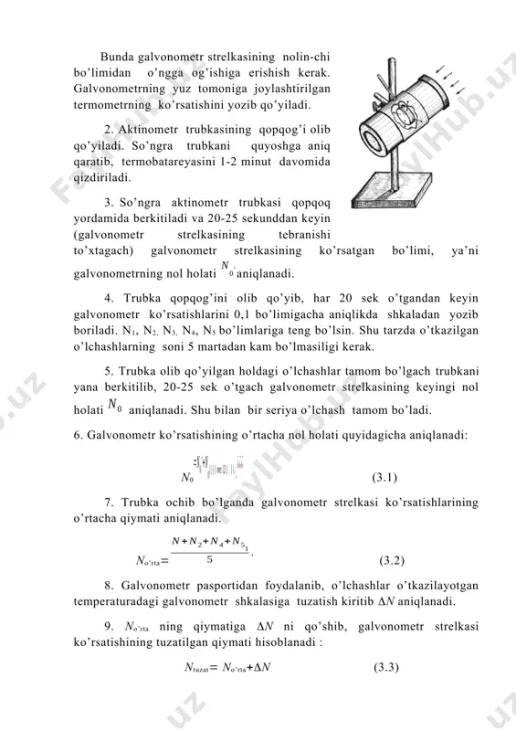 a shkaladan yozib boriladi. n1, n2, n3, n4, n5 bo’limlariga teng bo’lsin. shu tarzda o’tkazilgan o’lchashlarning soni 5 martadan kam bo’lmasiligi kerak. 5. trubka olib qo’yilgan holdagi o’lchashlar tamom bo’lgach trubkani yana berkitilib, 20-25 sek o’tgach galvonometr strelkasining keyingi nol holati aniqlanadi. shu bilan bir seriya o’lchash tamom bo’ladi. 6. galvonometr ko’rsatishining o’rtacha nol holati quyidagicha aniqlanadi: n0 (3.1) 7. trubka ochib bo’lganda galvonometr strelkasi ko’rsatishlarining o’rtacha qiymati aniqlanadi. no’rta (3.2) 8. galvonometr pasportidan foydalanib, o’lchashlar o’tkazilayotgan temperaturadagi galvonometr shkalasiga tuzatish kiritib n aniqlanadi. 9. no’rta ning qiymatiga n ni qo’shib, galvonometr strelkasi ko’rsatishining tuzatilgan qiymati hisoblanadi : ntuzat no’rtan (3.3) 10. quyosh nurlariga tik sirtdagi to’g’ri intensivligini birlikda ifodalash uchun ntuzat ni xuddi shu temperatura uchun olingan aktinometr domiysi k ga ko’paytirish kerak: s k·ntuzat (3.4) 11. insolyasiyani s’s·sinh formula bo’yicha hisoblanadi. buni o’lchash vaqtidagi quyosh balandligi avvaldan ma’lum bo’lishi kerak. aktinometriya. quyosh radiasiyasini hisoblash. aktinometriya-yorug’lik manbasi tarqatayotgan nuriy …