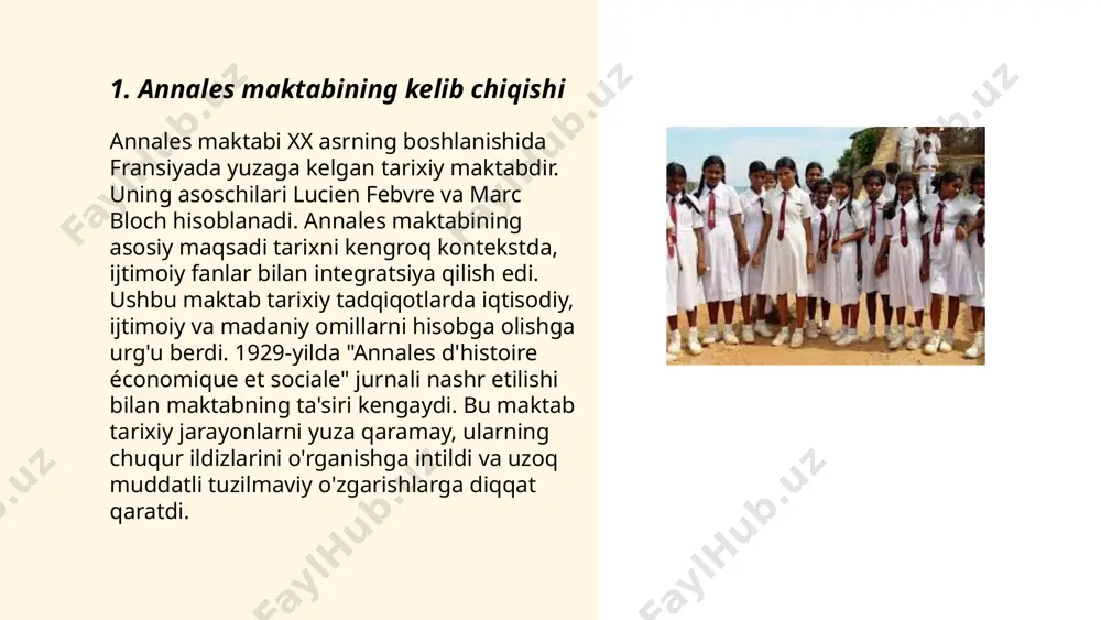 dir. u tarix ilmining ijtimoiy, iqtisodiy va madaniy jihatlarini oʻrganishga katta eʼtibor qaratadi. annales maktabi vakillari orasida lýusen fevbr va mark bloch muhim rol o‘ynagan. ular anʼanaviy siyosiy tarixdan chetlashib, uzoq muddatli ijtimoiy jarayonlarni tadqiq qilishni targ‘ib qilishdi. metodologiya statistik ma’lumotlar, iqtisodiy tahlillar va zamonaviy madaniyatshunoslik yondoshuvlarini qo‘llaydi. g‘oyalarining rivojlanishi bilan bu uslub tarixshunoslikda chuqur tahliliy va ko‘p qirrali tadqiqotlarga asos yaratdi. annales uslubi bugungi tarix fanida keng qo‘llanib kelmoqda. ... t.me/slaydai_bot 7. tarix va antropologiyada annales ta'siri "annales" maktabi 20-asrning dastlabki yillarida fransiyada shakllangan tarix va antropologiya bo'yicha ilmiy yo'nalish bo'lib, vaqt va makon o'zaro ta'sirini chuqur tahlil qiladi. u 1929 yilda "annales d'histoire économique et sociale" jurnalining tashkil etilishi bilan boshlanib, vaqtning turli qatlamlari, uzoq davomli jarayonlar va ijtimoiy tuzilmalarni o'rganishga qaratilgan. fernand braudel, maktabning yetakchi vakillaridan biri, mazkur yondashuvni rivojlantirishda katta hissa qo'shdi. ushbu maktab ijtimoiy va iqtisodiy tarixga, shuningdek, o'lchamli tahlilga urg'u berib, tarixiy voqealarning yaxlitligi …