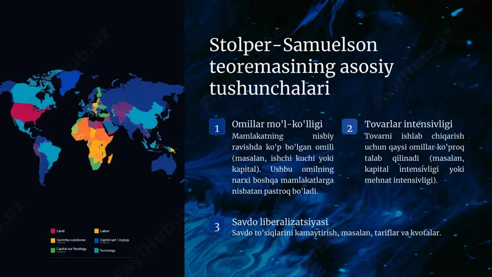 iyosatini ishlab chiqishda, ishchi kuchini himoya qilishda va daromad taqsimotini tartibga solishda qo'llanilishi mumkin. global savdo siyosatiga ta'siri himoyachilik stolper-samuelson teoremasi savdo liberalizatsiyasidan zarar ko'radigan guruhlarni himoya qilish uchun himoyachilik siyosatini oqlashi mumkin. o'tish siyosati savdo liberalizatsiyasi oqibatlariga moslashish uchun ishchi kuchini qayta tayyorlash va boshqa o'tish siyosati zarur bo'lishi mumkin. kompensatsiya savdo liberalizatsiyasidan yutgan guruhlar yutqazgan guruhlarga kompensatsiya to'lashi mumkin. stolper-samuelson iqtisodiy nazariyasiga kiruvchi davlatlar stolper-samuelson iqtisodiy nazariyasiga namuna aqsh va xitoy o‘rtasidagi savdo aqshda kapital ko‘p, lekin arzon ishchi kuchi kam. xitoyda esa arzon ishchi kuchi mo‘l, lekin kapital kamroq. erkin savdo tufayli aqsh kapital talab qiladigan mahsulotlar (masalan, texnologiya) ishlab chiqarishga ixtisoslashadi. xitoy esa mehnat talab qiladigan mahsulotlar (masalan, kiyim-kechak, elektrotexnika) ishlab chiqarishga ixtisoslashadi . natijada:ada: aqshda kapital egalari (investorlar, korporatsiyalar) foyda ko‘radi, lekin oddiy ishchilar (malakasiz ishchi kuchi) zarar ko‘radi. xitoyda esa ishchilarning oyliklari oshadi, lekin kapital egalari yoki yer resurslariga bog‘liq sektorlar bosim ostida qolishi …