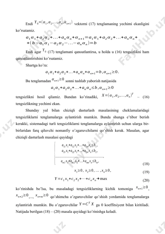 minimum qiymatga erishar ekan. shu bilan teorema isbot qilindi. 4-teorema. agar ta o’zaro chiziqli bog’liq bo’lmagan vektorlar berilgan bo’lib, ular uchun (33) tenglik barcha lar uchun o’rinli bo’lsa, u holda vektor qavariq to’plamning burchak nuqtasi bo’ladi. isboti. ma’lumki (33) tenglikni qanoatlantiruvchi nomanfiy koordinatali vektor chiziqli dasturlash masalasining rejasi bo’ladi. deylik burchak nuqta bo’lmasin. u holda rejani va burchak nuqtalarning qavariq kombinatsiyasi orqali ifodalash mumkin, ya’ni vektorning ta komponentasi nolga teng bo’lib, va vektorlarning koordinatalari musbat va tengsizlik o’rinli bo’lganligi sababli va vektorlarning ham n-k ta koordinatasi noldan iborat bo’ladi, ya’ni va vektorlar chiziqli dasturlash masalasining rejalari, shuning uchun tengliklar o’rinli bo’ladi. bu shartlarni quyidagi formada tuzamiz: ma’lumki, vektorning o’zaro chiziqli bog’liq bo’lmagan vektorlar orqali faqat bitta yoyilmasini topish mumkin. shuning uchun demak, vektorni to’plamning ixtiyoriy ikkita nuqtasining qavariq kombinatsiyasi orqali ifodalash mumkin emas ekan. bundan nuqta to’plamning burchak nuqtasi bo’ladi degan xulosa kelib chikadi. shu bilan teorema isbot qilindi. 5-teorema. …